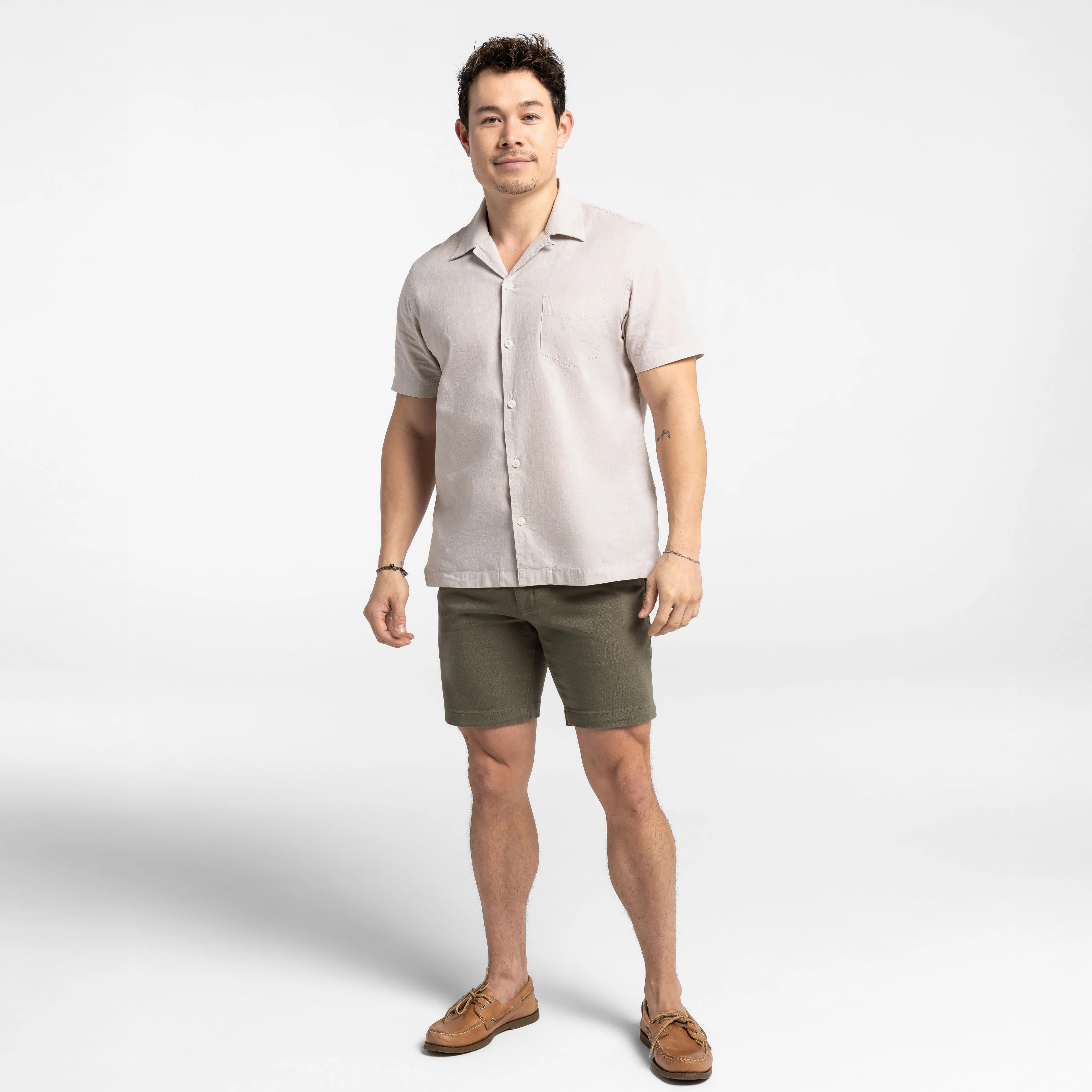 Tan Linen Camp Collar Short Sleeve Shirt