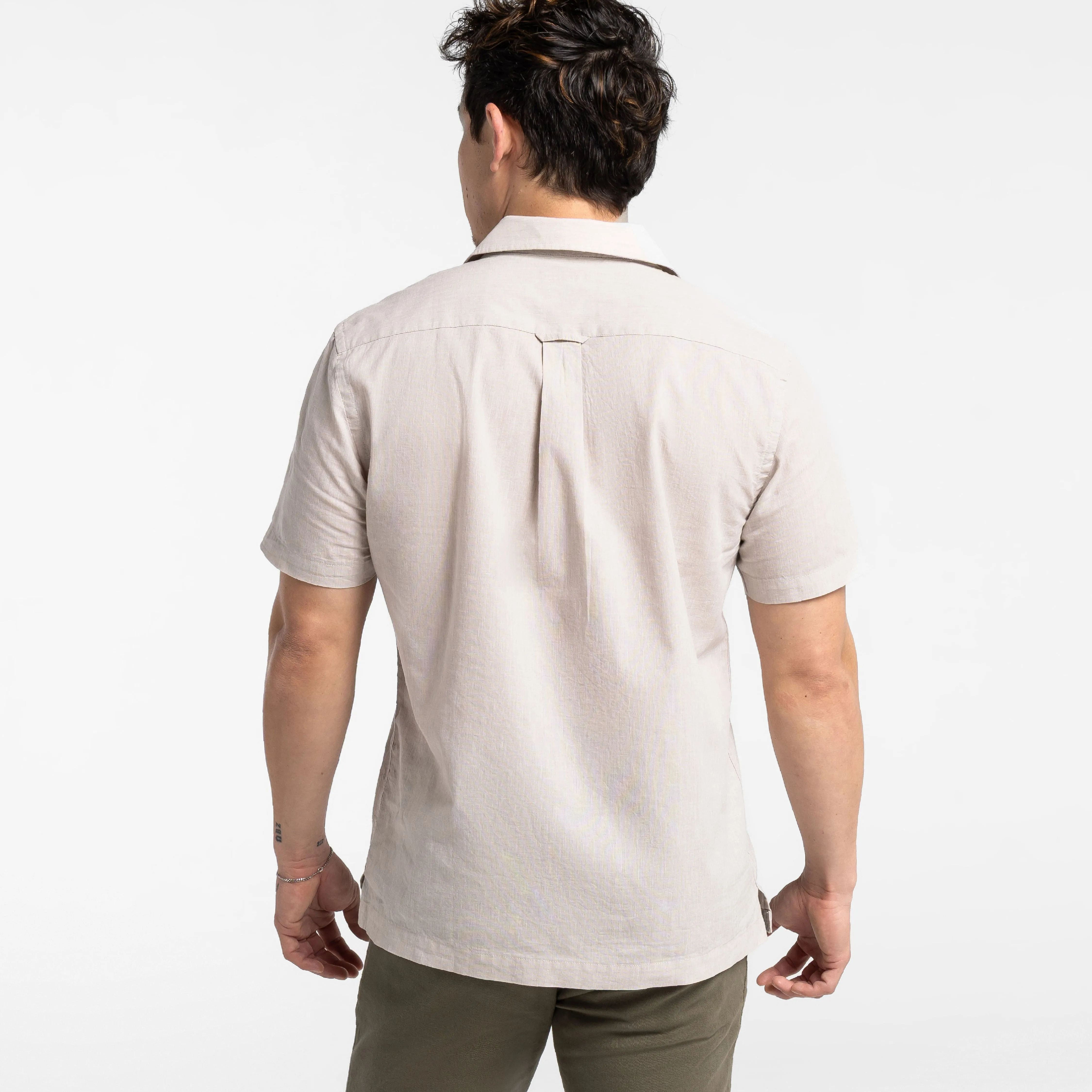 Tan Linen Camp Collar Short Sleeve Shirt
