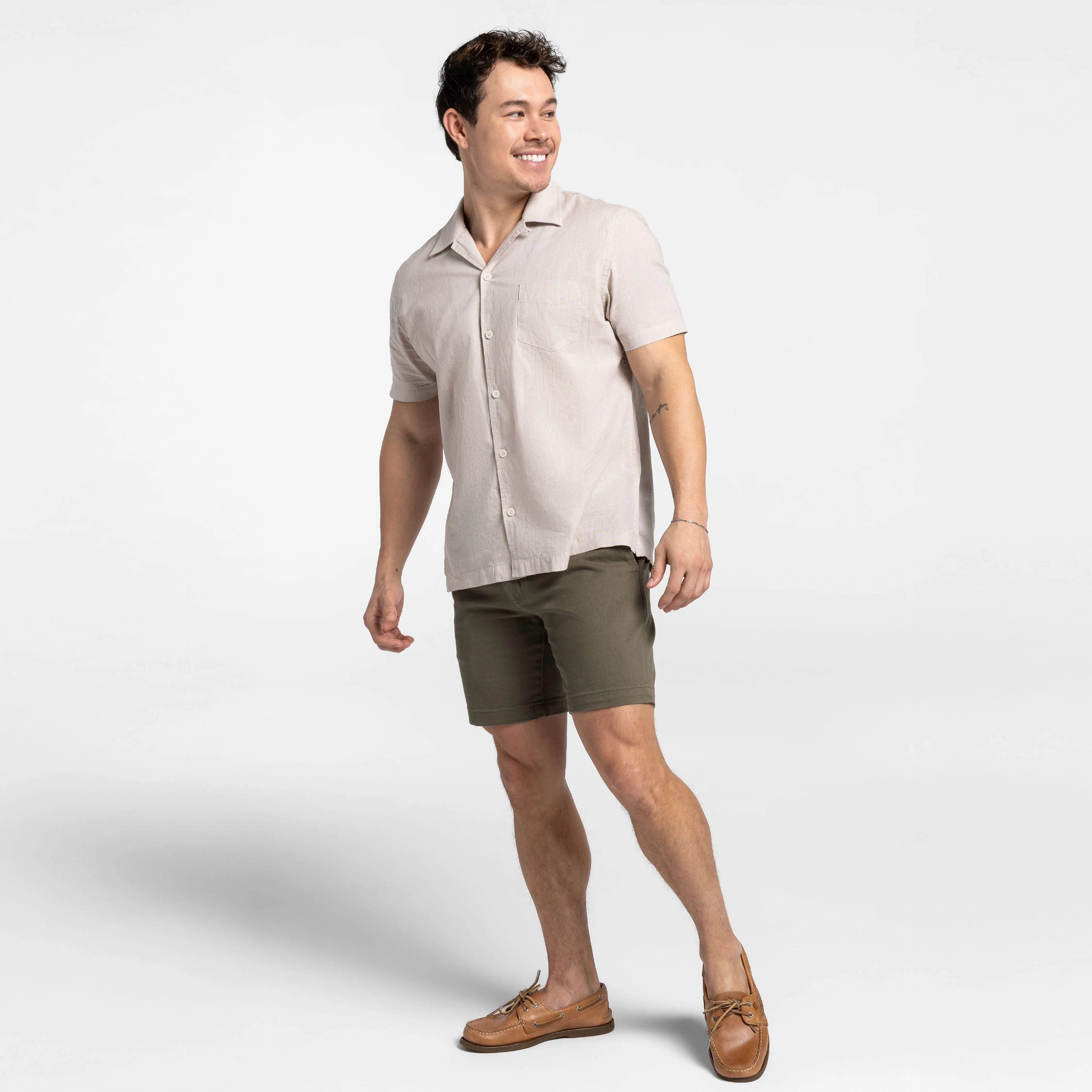 Tan Linen Camp Collar Short Sleeve Shirt