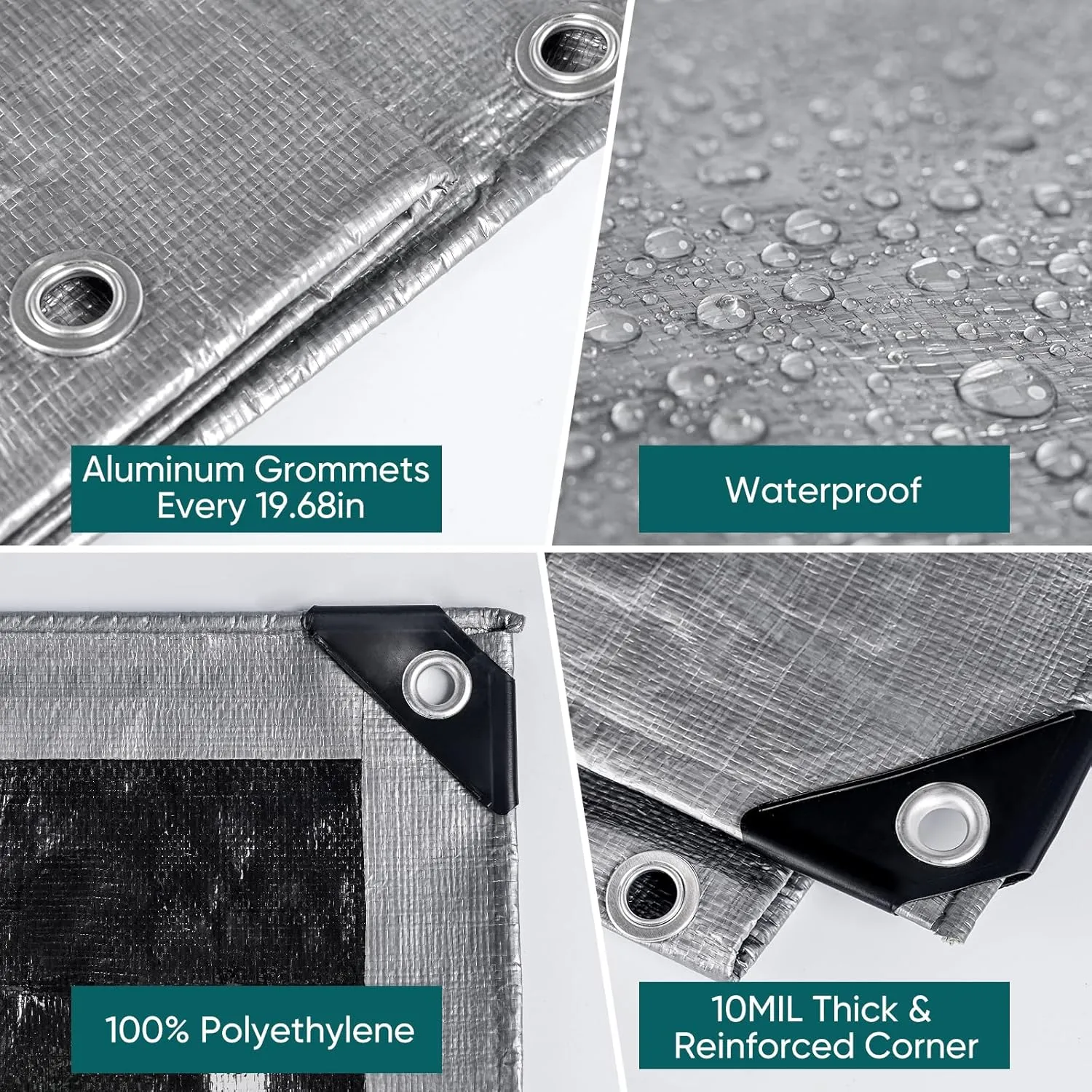 Tarp 10x10FT,10Mil 150GSM Black/Silver Heavy Duty Waterproof Tarp with Grommets and Reinforced Edges, All Purpose Finished Size Poly Tarps Cover for Firewood Roof Pool Boat