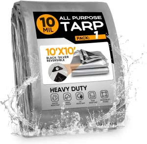 Tarp 10x10FT,10Mil 150GSM Black/Silver Heavy Duty Waterproof Tarp with Grommets and Reinforced Edges, All Purpose Finished Size Poly Tarps Cover for Firewood Roof Pool Boat