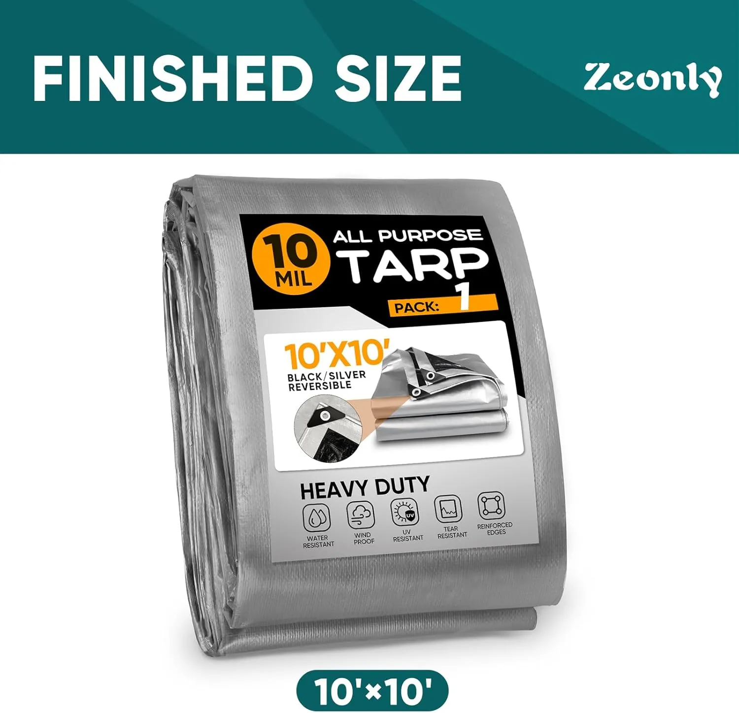 Tarp 10x10FT,10Mil 150GSM Black/Silver Heavy Duty Waterproof Tarp with Grommets and Reinforced Edges, All Purpose Finished Size Poly Tarps Cover for Firewood Roof Pool Boat