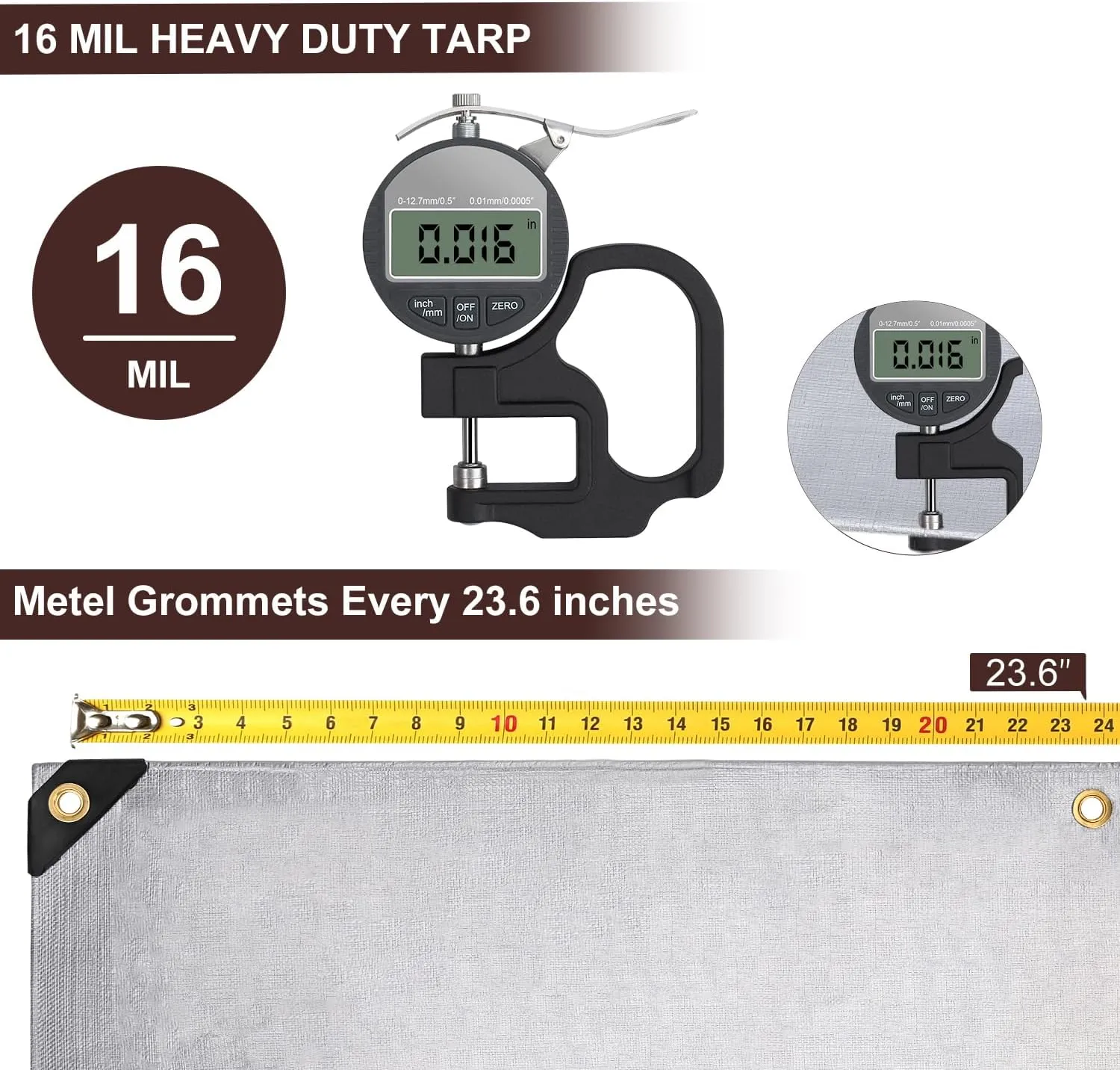 Tarp 10x12FT, Extra Thick 16Mil Heavy Duty Waterproof Tarps with Brass Grommets and Reinforced Edges, Tear & Fade Resistant, 100% UV Blocking Outdoor Tarp for Roof Camping Patio Pool Boat (Silver)