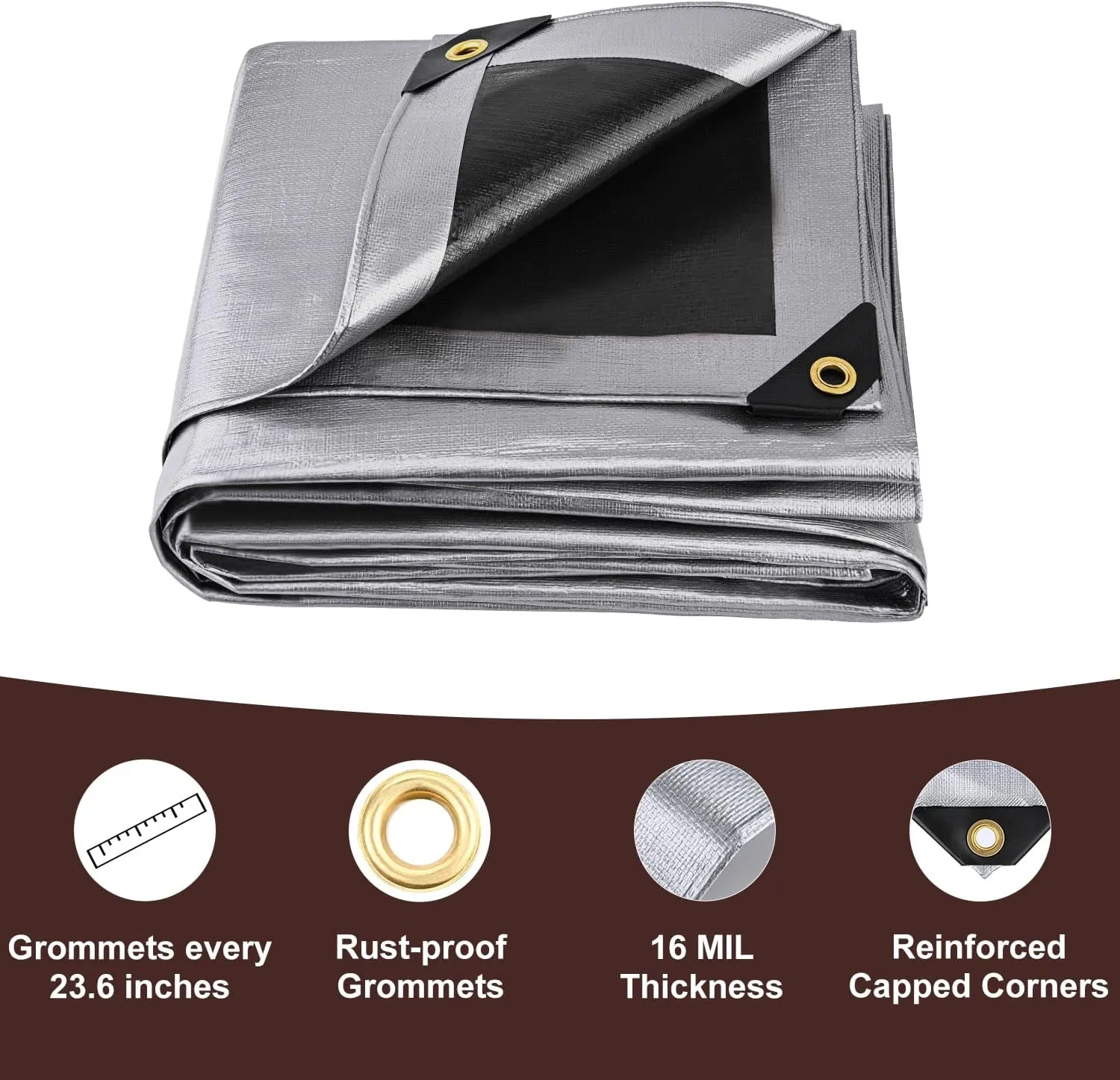 Tarp 10x12FT, Extra Thick 16Mil Heavy Duty Waterproof Tarps with Brass Grommets and Reinforced Edges, Tear & Fade Resistant, 100% UV Blocking Outdoor Tarp for Roof Camping Patio Pool Boat (Silver)