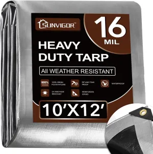 Tarp 10x12FT, Extra Thick 16Mil Heavy Duty Waterproof Tarps with Brass Grommets and Reinforced Edges, Tear & Fade Resistant, 100% UV Blocking Outdoor Tarp for Roof Camping Patio Pool Boat (Silver)