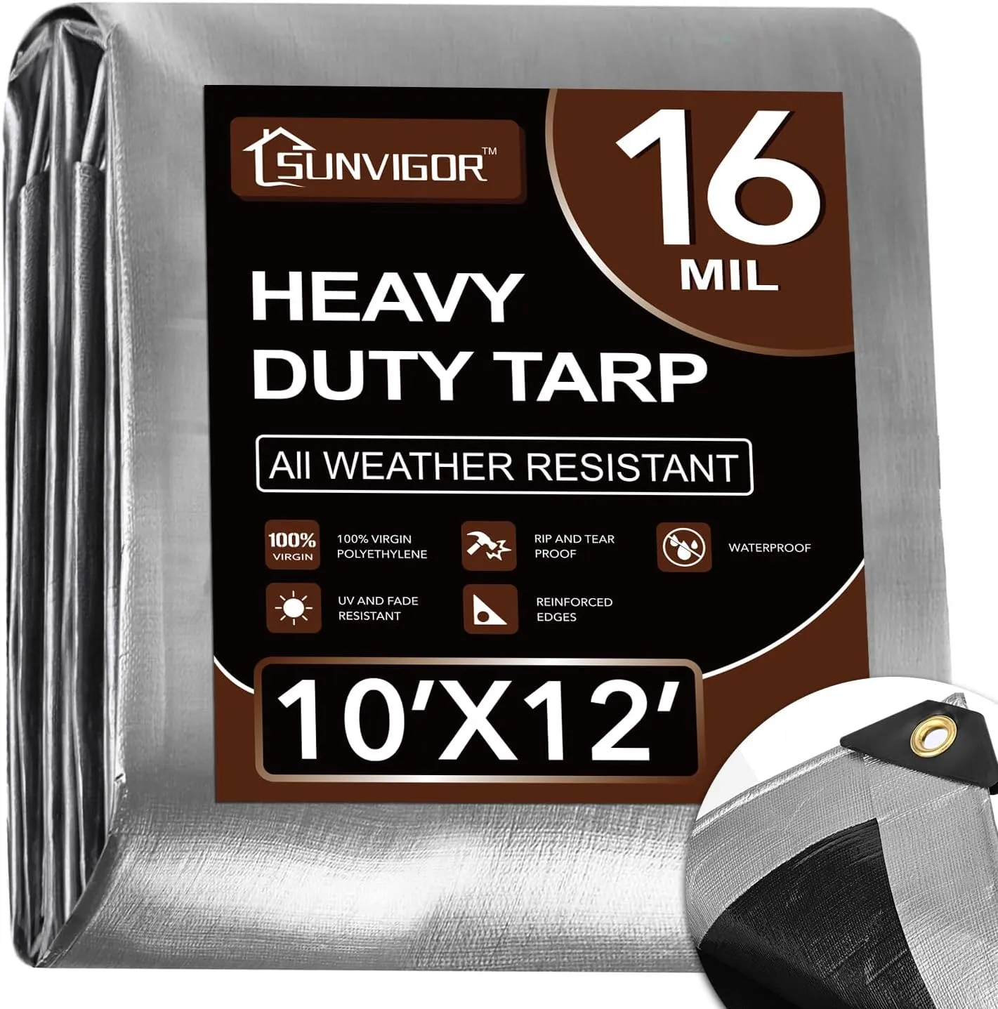 Tarp 10x12FT, Extra Thick 16Mil Heavy Duty Waterproof Tarps with Brass Grommets and Reinforced Edges, Tear & Fade Resistant, 100% UV Blocking Outdoor Tarp for Roof Camping Patio Pool Boat (Silver)