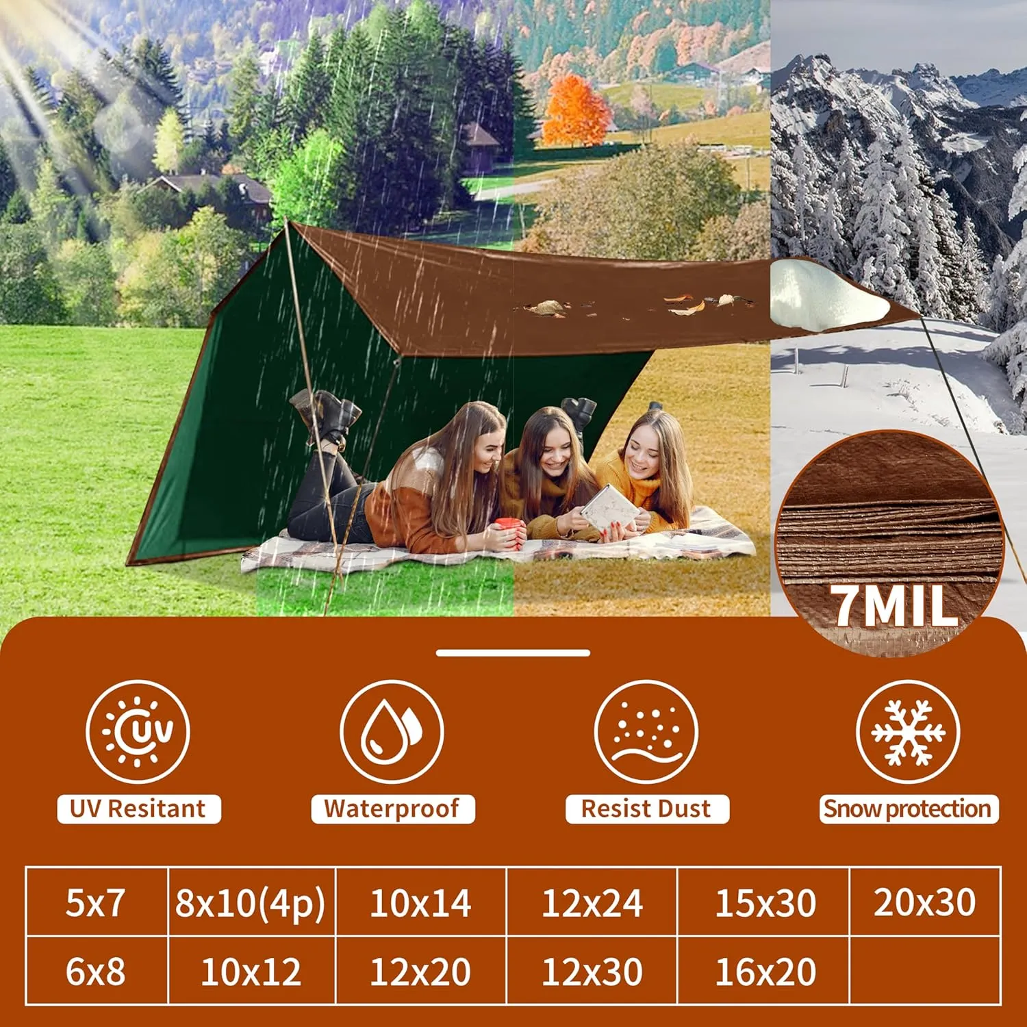 Tarp 12x30 ft 100% Waterproof 7mil Durable Grommets and Reinforced Edges,Uv Resistant,Green/Brown Tarp,Emergency Rain Shelter,Outdoor Cover and Camping Use -by MVPNET