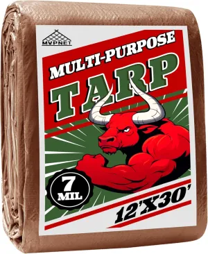 Tarp 12x30 ft 100% Waterproof 7mil Durable Grommets and Reinforced Edges,Uv Resistant,Green/Brown Tarp,Emergency Rain Shelter,Outdoor Cover and Camping Use -by MVPNET