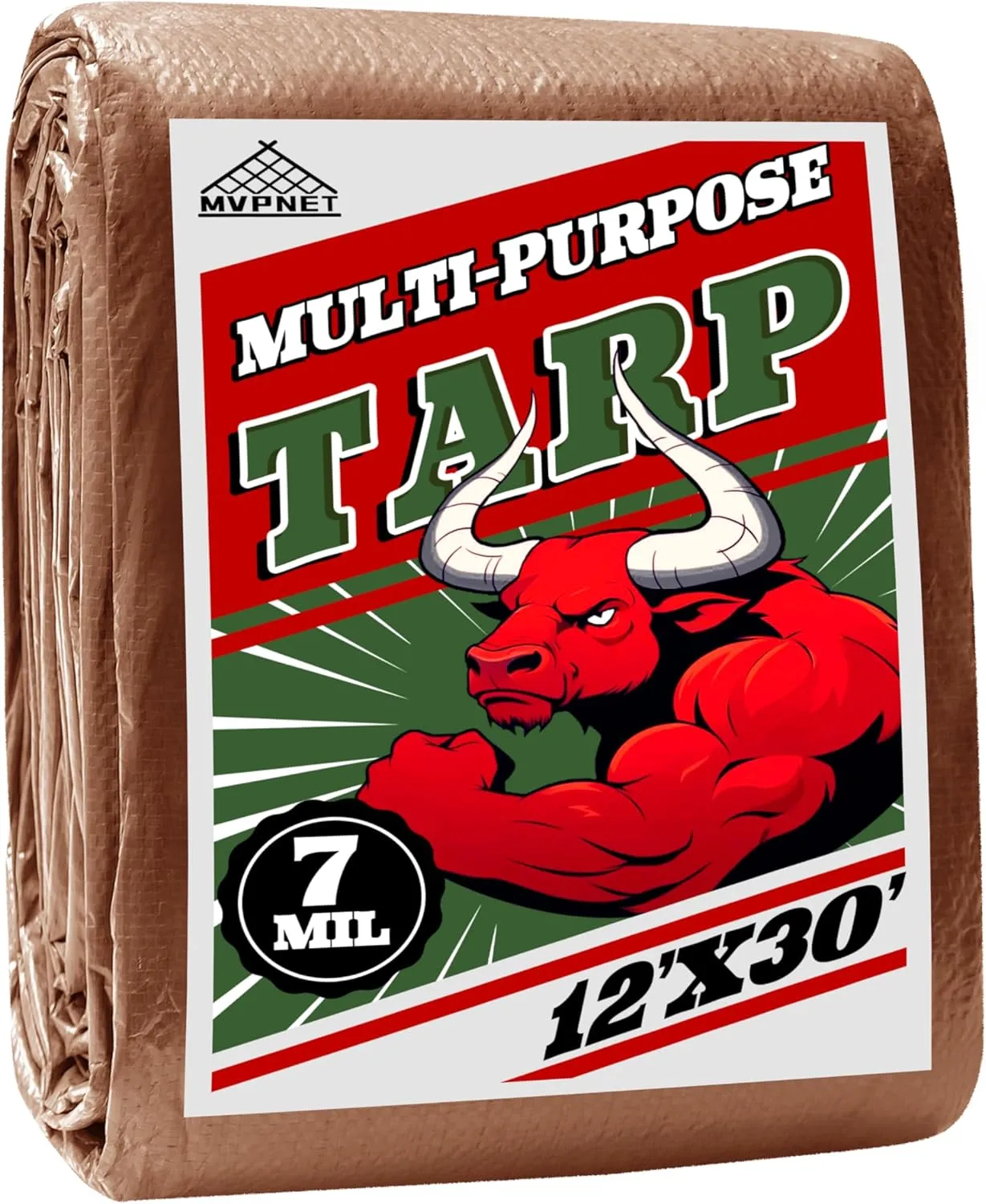 Tarp 12x30 ft 100% Waterproof 7mil Durable Grommets and Reinforced Edges,Uv Resistant,Green/Brown Tarp,Emergency Rain Shelter,Outdoor Cover and Camping Use -by MVPNET