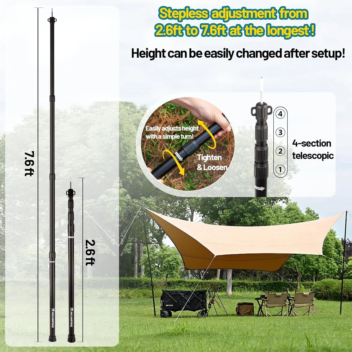 Tarp Poles Adjustable Heavy Duty, XINCAMPING Tent Poles Aviation Aluminum 7.7FT Lengthen and Thicken with Protection Cap Awning Poles Set of 2 for Camping Hiking (2)