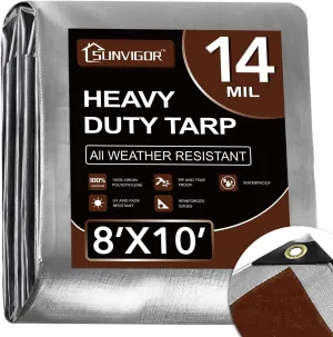 Tarp Waterproof 8x10Ft, Heavy Duty Tarp Cover Extra Thick 14 Mil Tear and UV Resistant, Outdoor Tarps with Grommets and Reinforced Edges for Roof, Camping, Patio, Pool, Boat