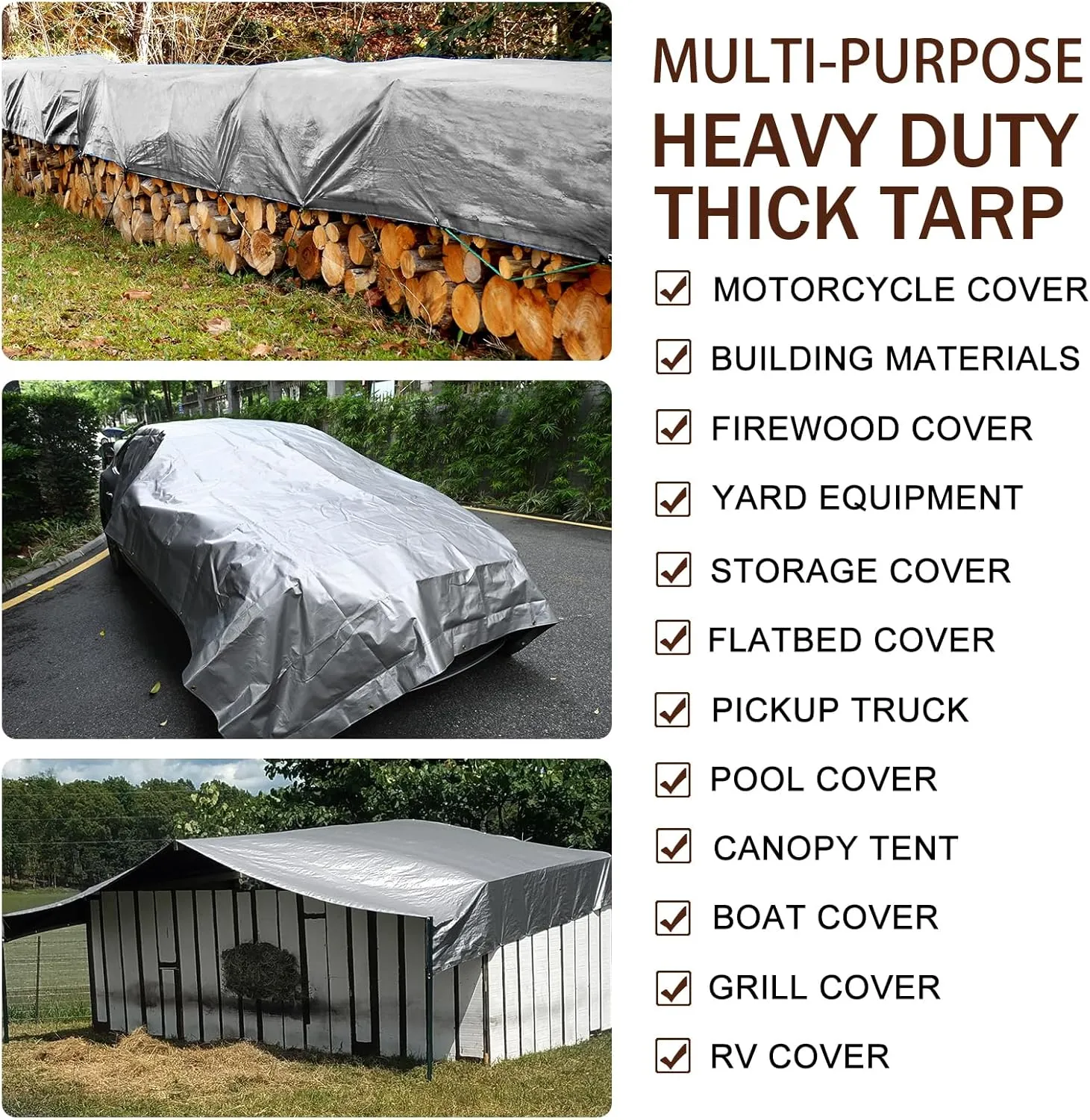 Tarp Waterproof 8x10Ft, Heavy Duty Tarp Cover Extra Thick 14 Mil Tear and UV Resistant, Outdoor Tarps with Grommets and Reinforced Edges for Roof, Camping, Patio, Pool, Boat