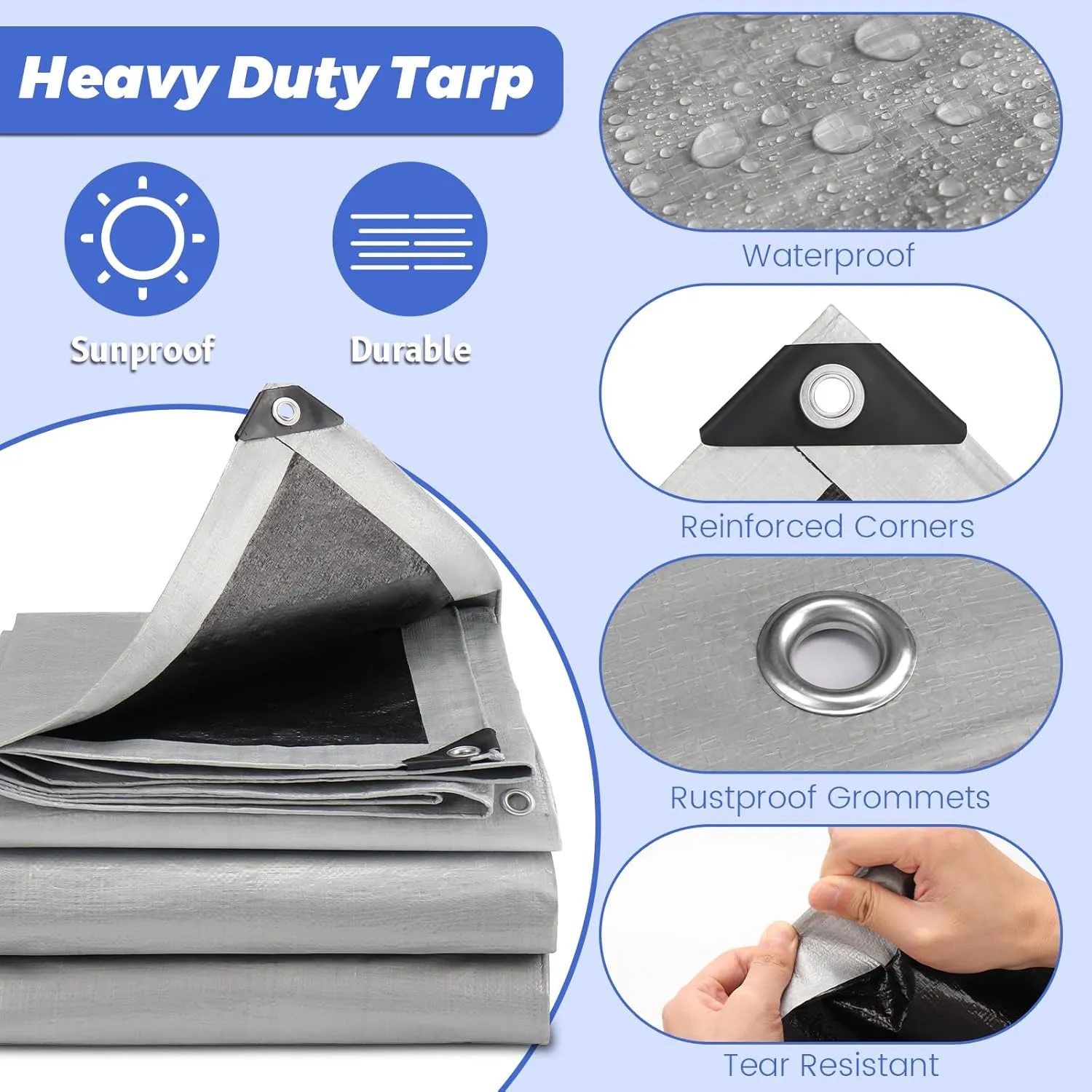Tarp Waterproof Heavy Duty 12’ x 16’, Tarps 14 Mil Thick Tear and UV Resistant Outdoor Tarp with Grommets and Reinforced Edges for Camping Tent Roof (12 x 16 FT)