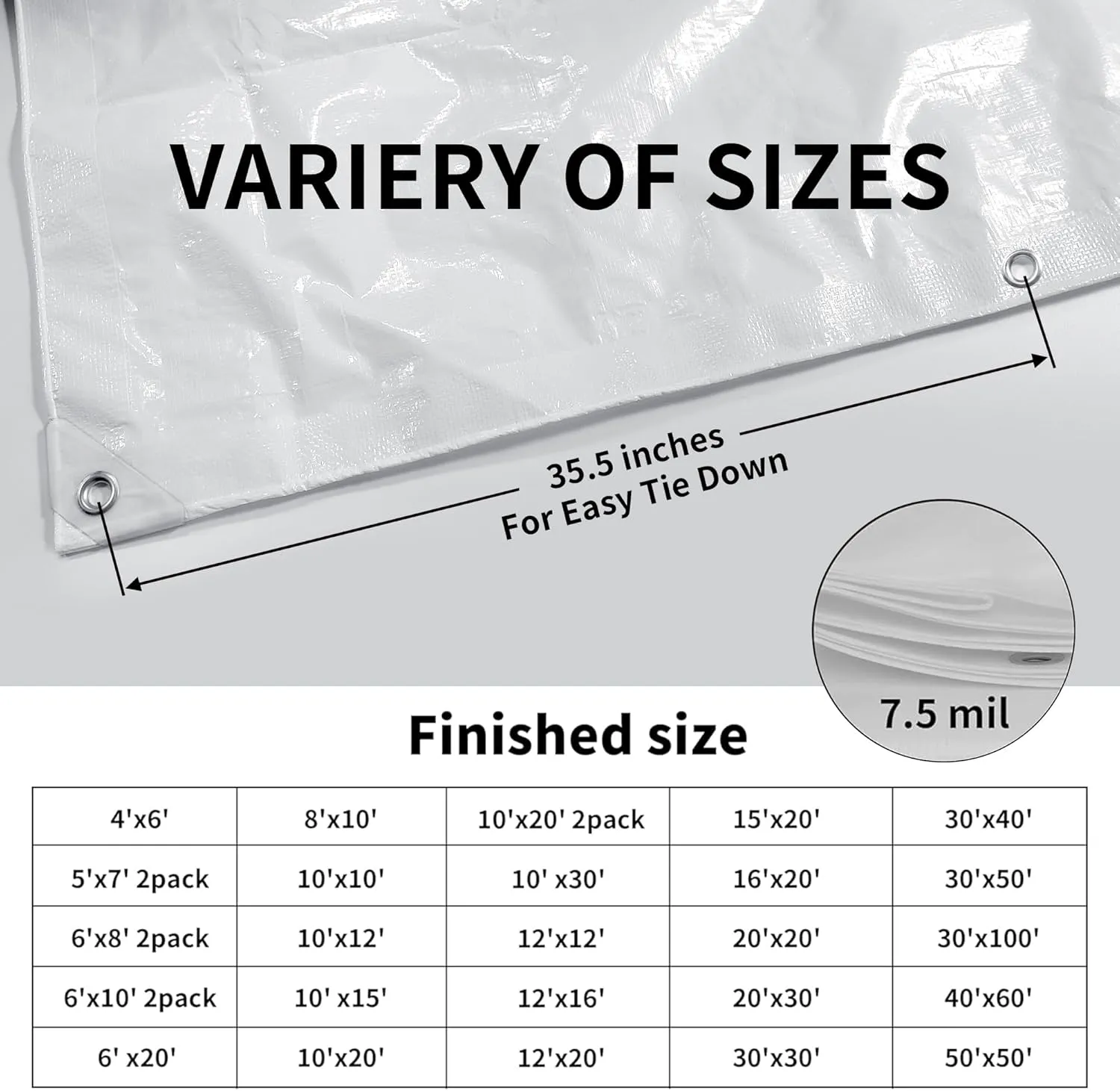 TARPAL 12'x20' White Tarp Waterproof 7.5 mil Medium Duty All Purpose Poly Tarps Cover Waterproof,Snow Proof UV Protection,Rip and Tear Proof,Poly Tarpaulin