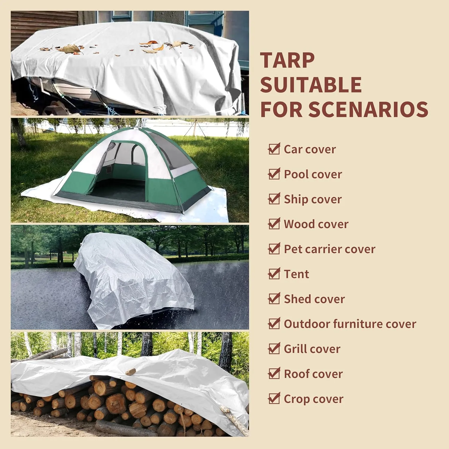 TARPAL 12'x20' White Tarp Waterproof 7.5 mil Medium Duty All Purpose Poly Tarps Cover Waterproof,Snow Proof UV Protection,Rip and Tear Proof,Poly Tarpaulin
