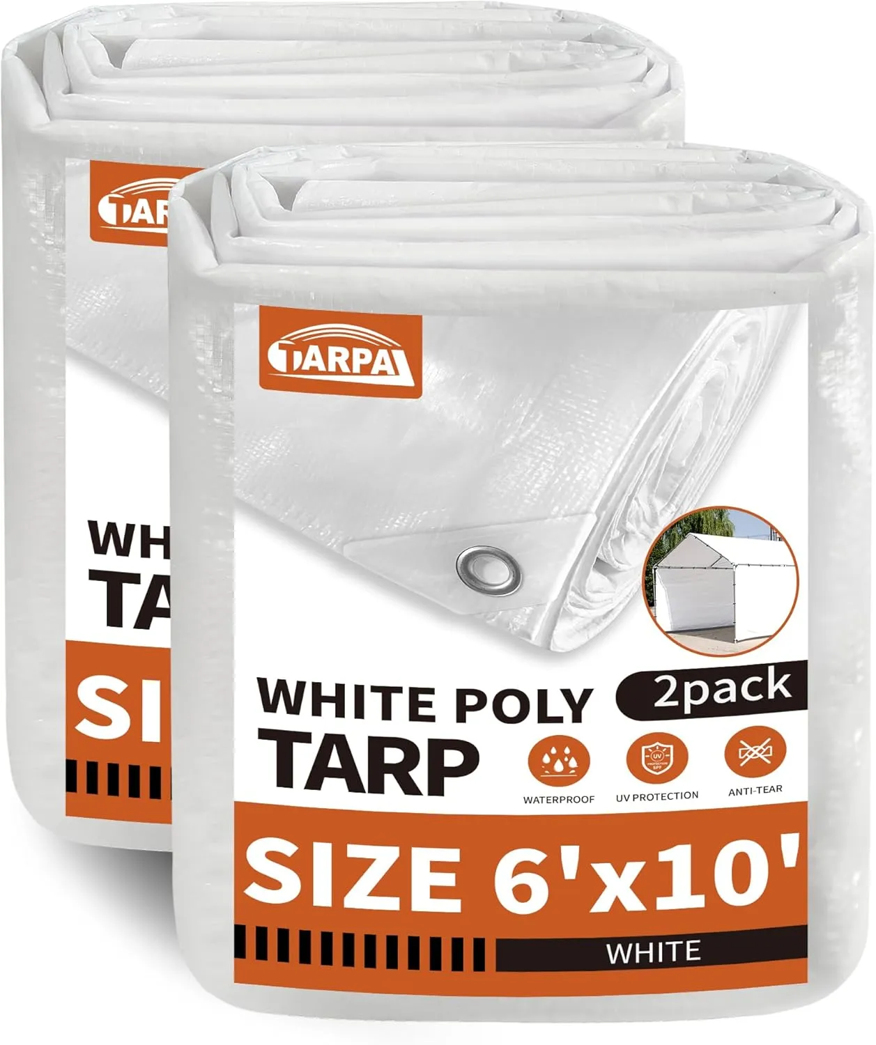 TARPAL 6'x 10' White Tarp Waterproof 7.5 mil(2-Pack) Medium Duty All Purpose Poly Tarps Cover Waterproof,Snow Proof UV Protection,Rip and Tear Proof,Poly Tarpaulin