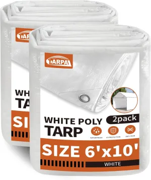 TARPAL 6'x 10' White Tarp Waterproof 7.5 mil(2-Pack) Medium Duty All Purpose Poly Tarps Cover Waterproof,Snow Proof UV Protection,Rip and Tear Proof,Poly Tarpaulin