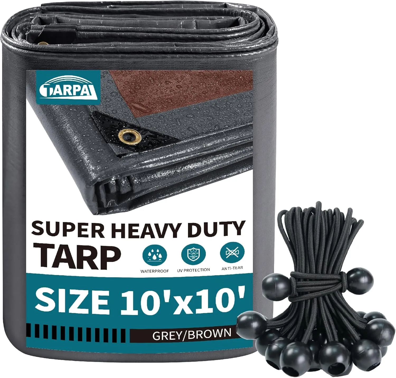 TARPAL tarp 10X10 ft Super Heavy Duty Tarps 20mil with Ball Bungee Cord (25 Pack) Tarp Waterproof UV Resistant Rip and Tear Proof Tarpaulin with Grommets by TARPAL(Grey/Brown)