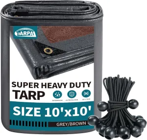 TARPAL tarp 10X10 ft Super Heavy Duty Tarps 20mil with Ball Bungee Cord (25 Pack) Tarp Waterproof UV Resistant Rip and Tear Proof Tarpaulin with Grommets by TARPAL(Grey/Brown)
