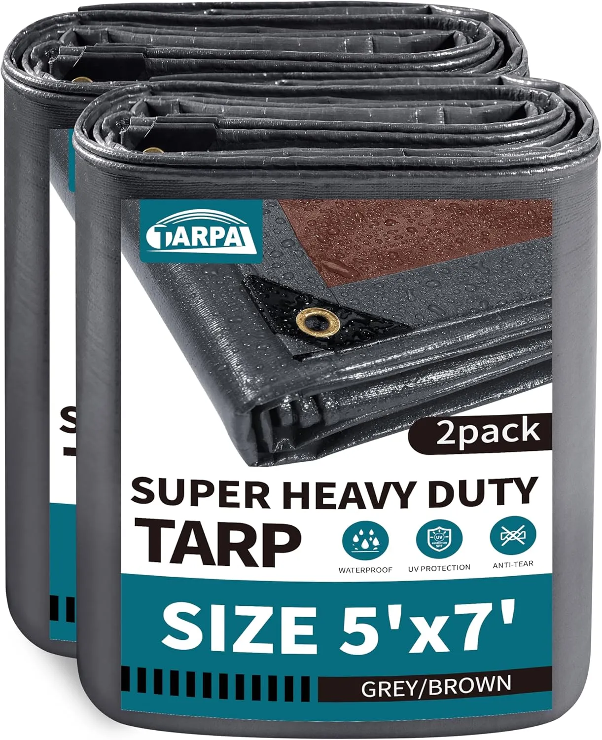 TARPAL tarp 5x7 Feet(2-Pack) Super Heavy Duty Tarps Cover 20mil Waterproof UV Protection Rip and Tear Proof Tarpaulin with Grommets(Grey/Brown)