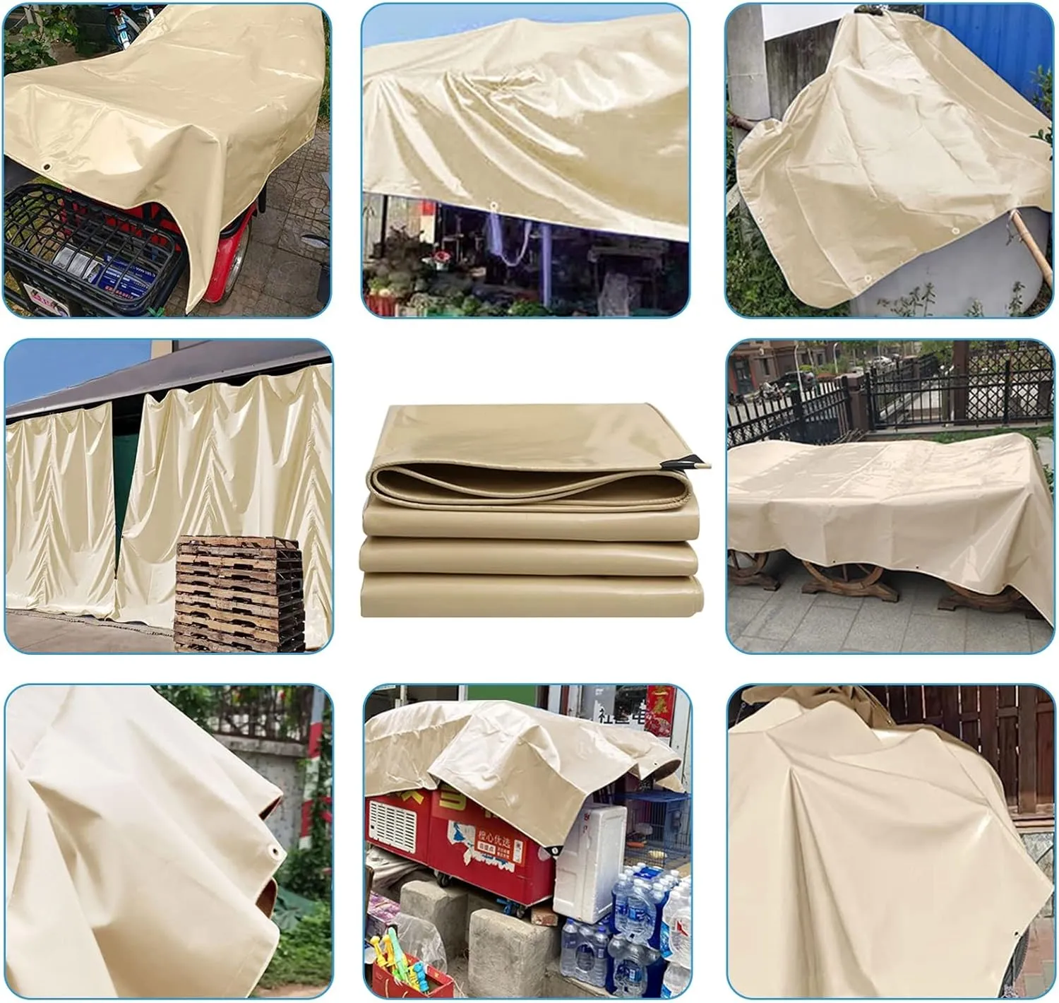 Tarpaulin 1.5x3m/2x2m/2x3m/3x6m Waterproof Heavy Duty 500g/㎡ PVC Tarp Sheet with Metal Eyelets for Garden Furniture, Hutch, Trampoline, Wood, Car, Camping or Gardening Cover(1x4m)