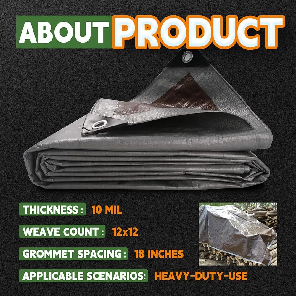 Tarps Heavy Duty Waterproof 12x16 Feet, 10Mil Multipurpose Poly Tarp Cover with Metal Grommets and Reinforced Edges, Silver/Brown Tarp by RAINDEWAY