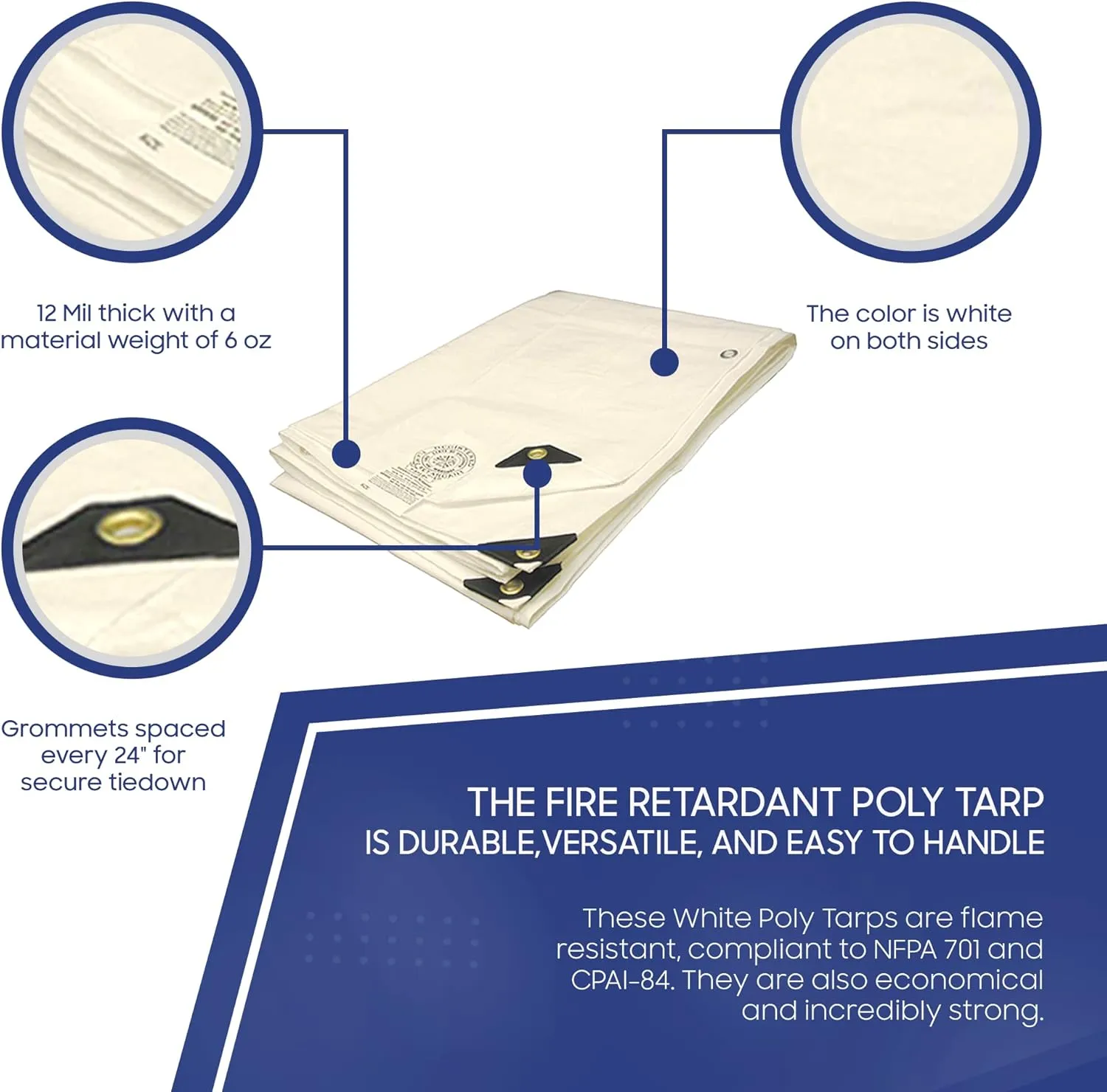 Tarps Now 20x40 Feet Fire Retardant Poly Tarp |12 MIL Heavy Duty Waterproof Cover |Rip and Tear Proof Plastic Tarp with Rustproof Aluminum Grommets & Reinforced Edges |Ideal for Camping - White