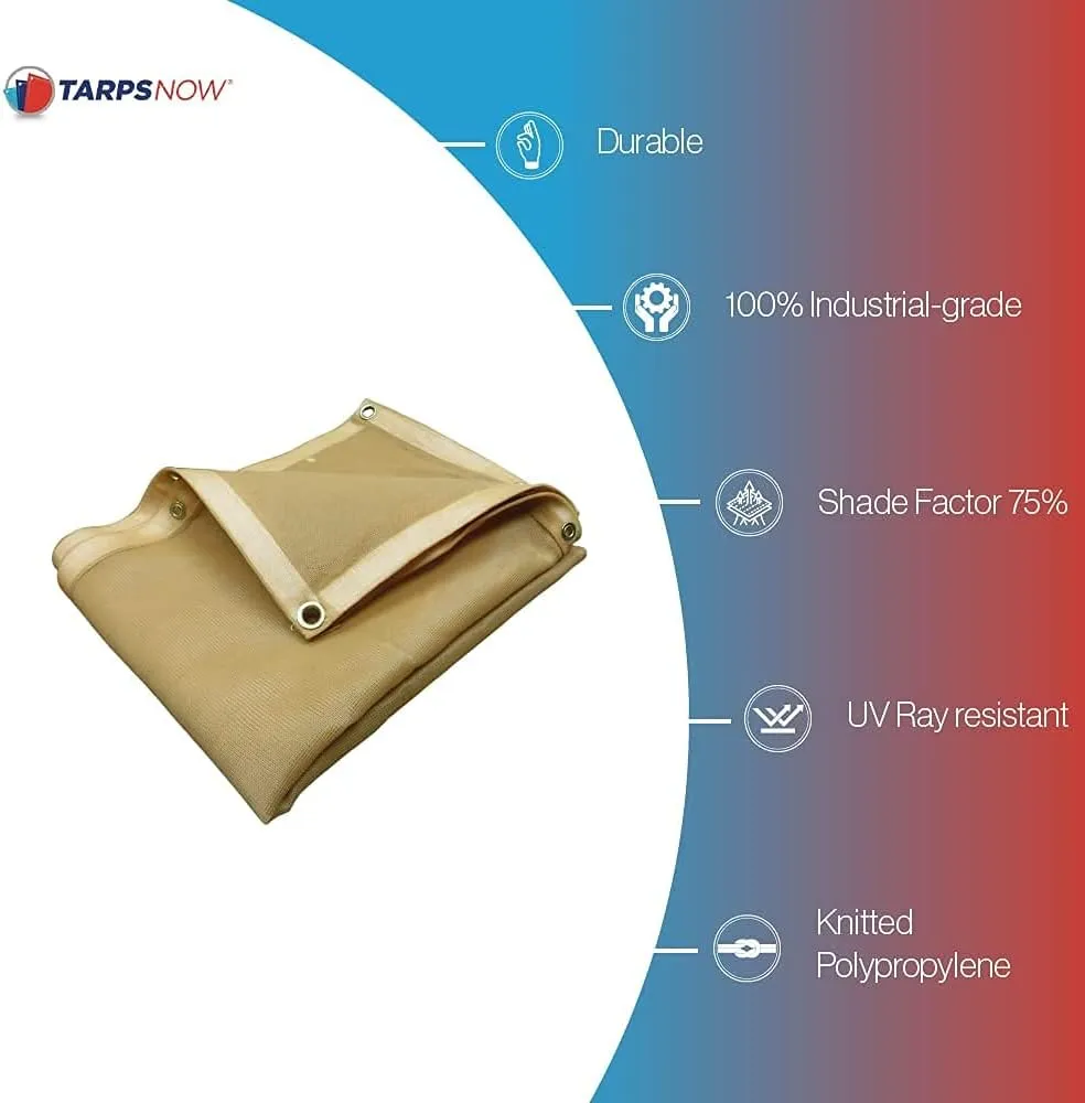 Tarps Now 8x10 ft Heavy Duty Mesh Tarp, 75% Shade Cloth with Brass Grommets & Reinforced Edges, Multipurpose Protective Cover Tarpaulin with Air Flow for Dump Trucks, Tie Downs, & Canopies -Tan