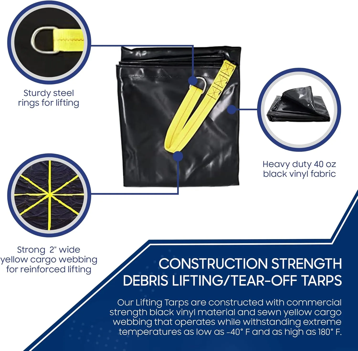 Tarps Now Debris Lifting Tarp, (8' X 8') with 8 Steel D-Rings and Strong Yellow Webbing - Heavy Duty Multi Purpose Tear-Off Tarpaulin Sheet for Lifting Debris, Dirt from Construction Site - Black