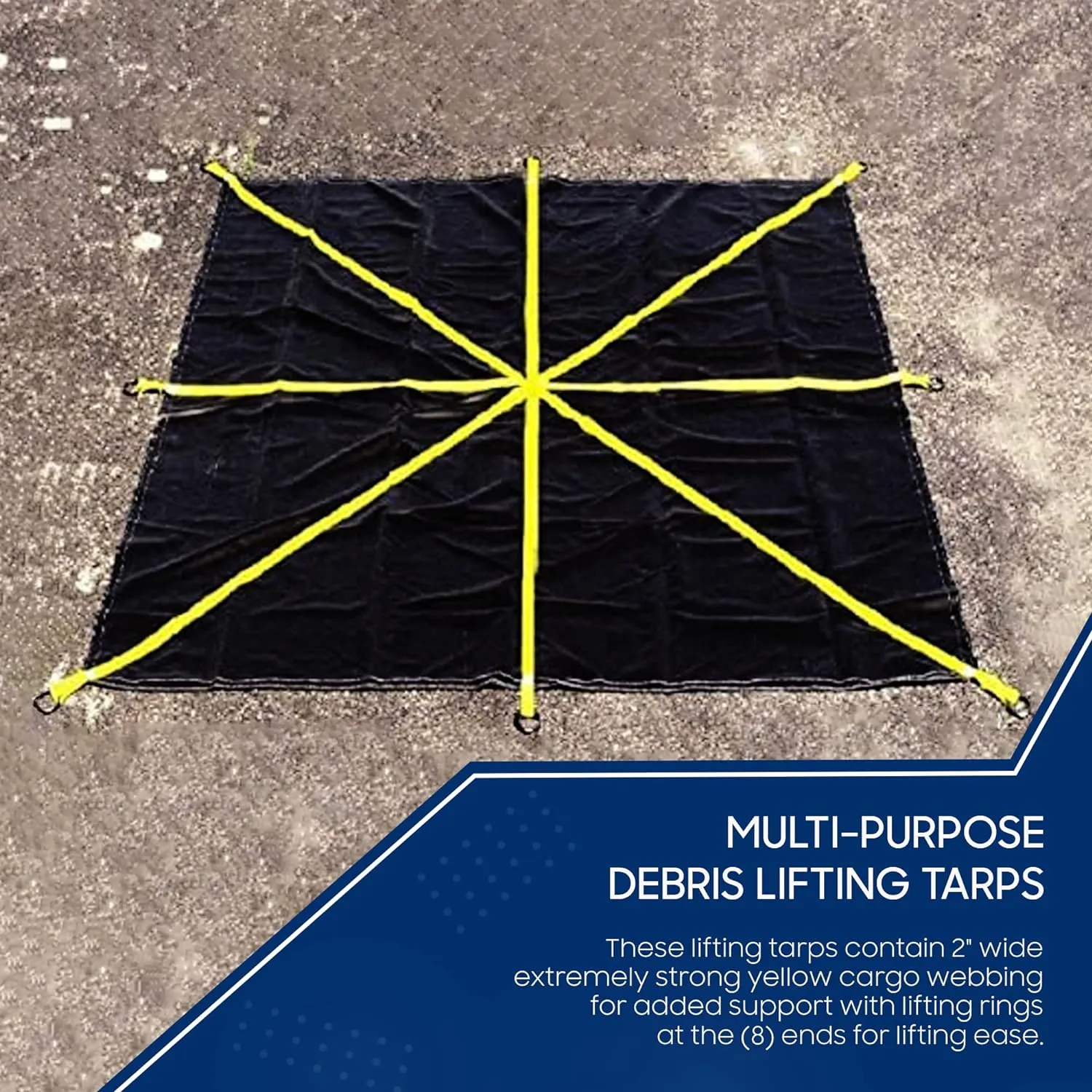 Tarps Now Debris Lifting Tarp, (8' X 8') with 8 Steel D-Rings and Strong Yellow Webbing - Heavy Duty Multi Purpose Tear-Off Tarpaulin Sheet for Lifting Debris, Dirt from Construction Site - Black