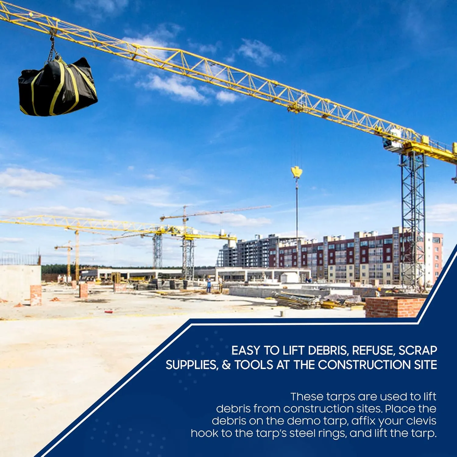 Tarps Now Debris Lifting Tarp, (8' X 8') with 8 Steel D-Rings and Strong Yellow Webbing - Heavy Duty Multi Purpose Tear-Off Tarpaulin Sheet for Lifting Debris, Dirt from Construction Site - Black