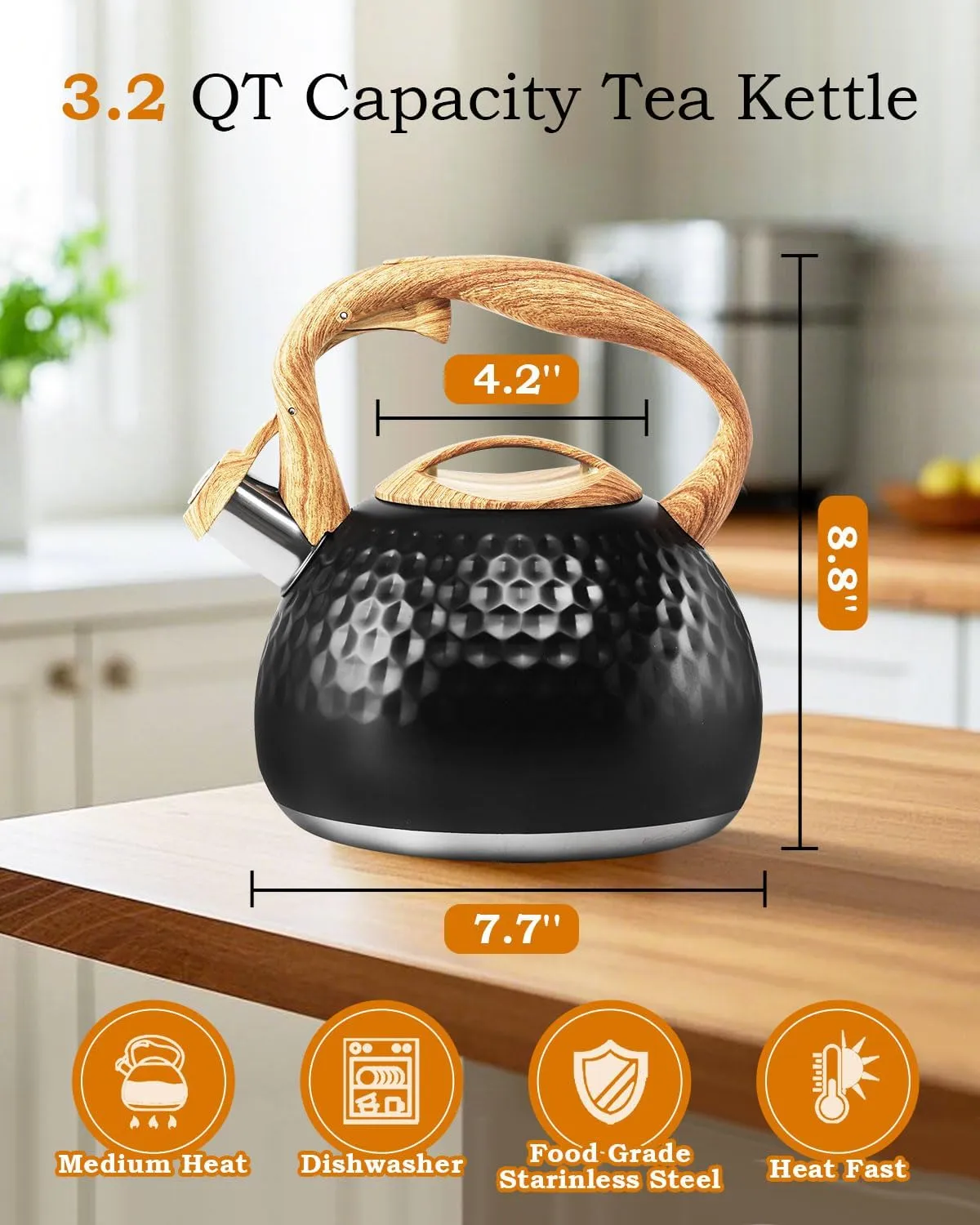 Tea Kettle 3.2Qt Stainless Steel Stovetop Whistling Pot with Heat-Resistant Handle, Fast Boiling Water for Home Kitchen, Induction Compatible & Rust-Proof - Black