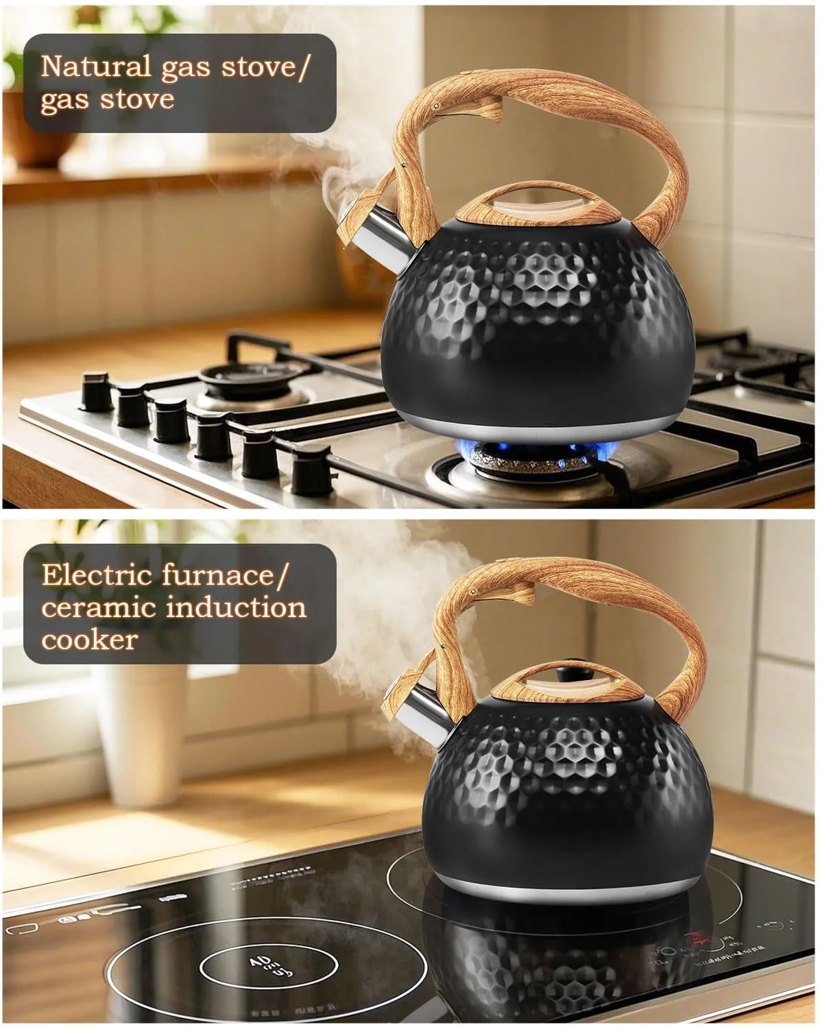 Tea Kettle 3.2Qt Stainless Steel Stovetop Whistling Pot with Heat-Resistant Handle, Fast Boiling Water for Home Kitchen, Induction Compatible & Rust-Proof - Black