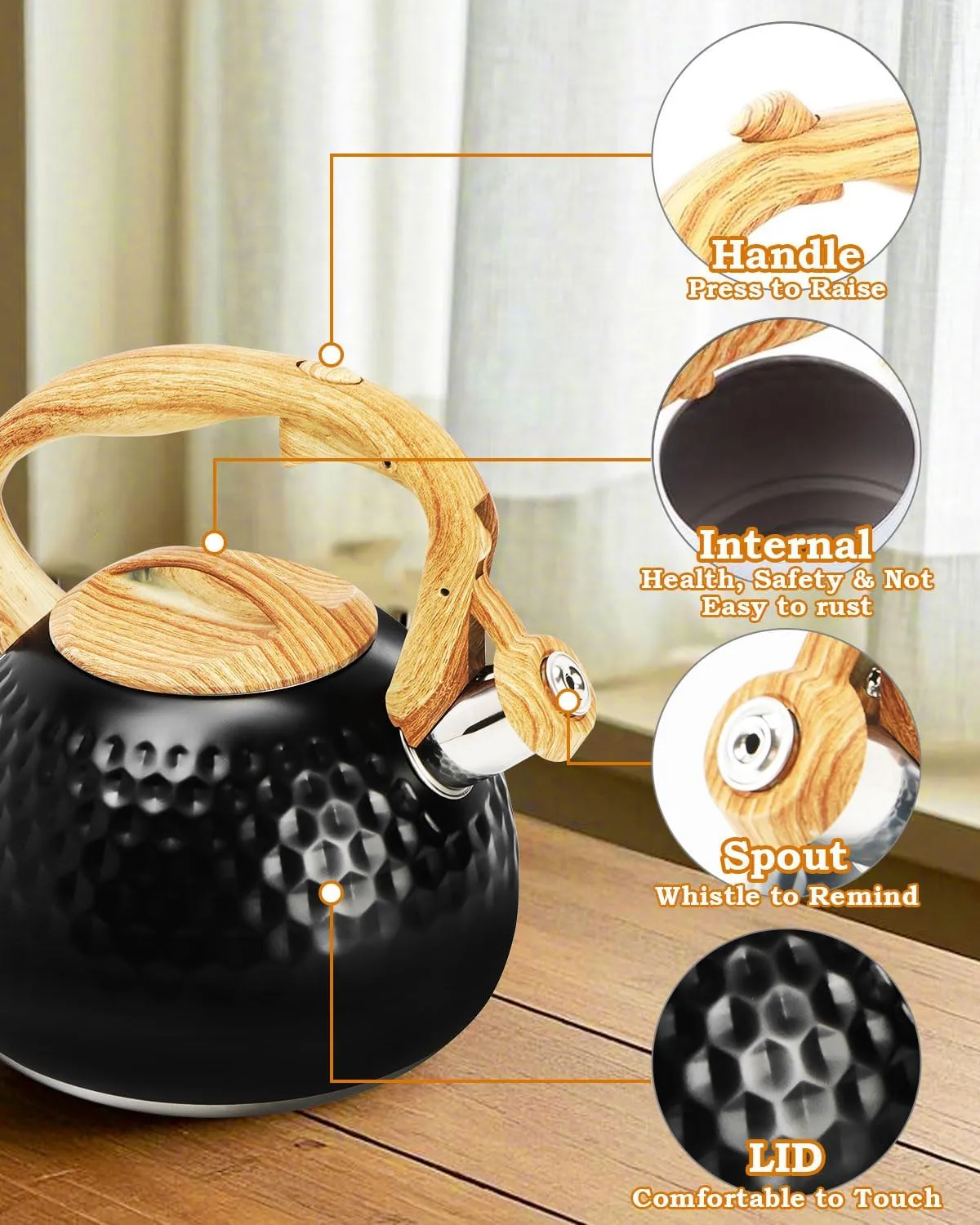 Tea Kettle 3.2Qt Stainless Steel Stovetop Whistling Pot with Heat-Resistant Handle, Fast Boiling Water for Home Kitchen, Induction Compatible & Rust-Proof - Black