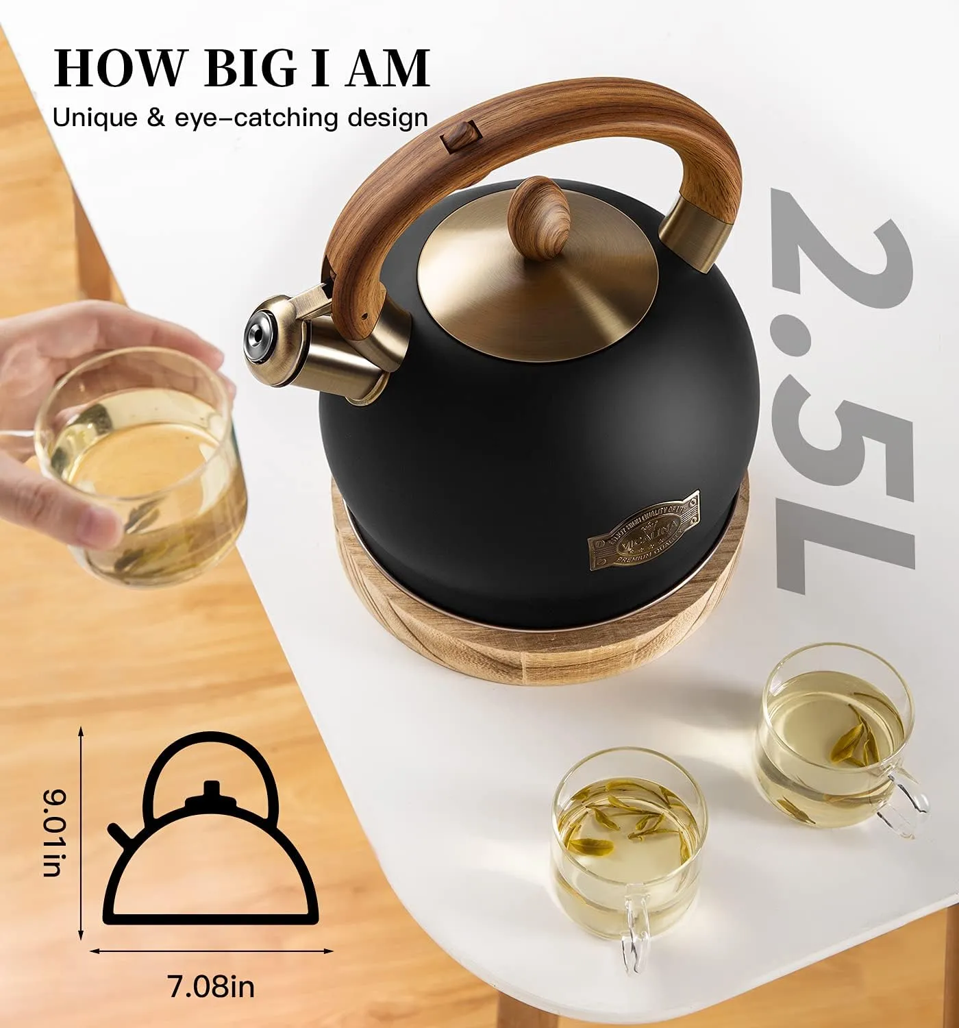 Tea Kettle & Tea Pot, 2.64 Quart Whistling Food Grade Stainless Steel Tea Kettle for Stove Top Dishwasher Safe, Home Daily Use Teapot Gifts for Households Polished Black