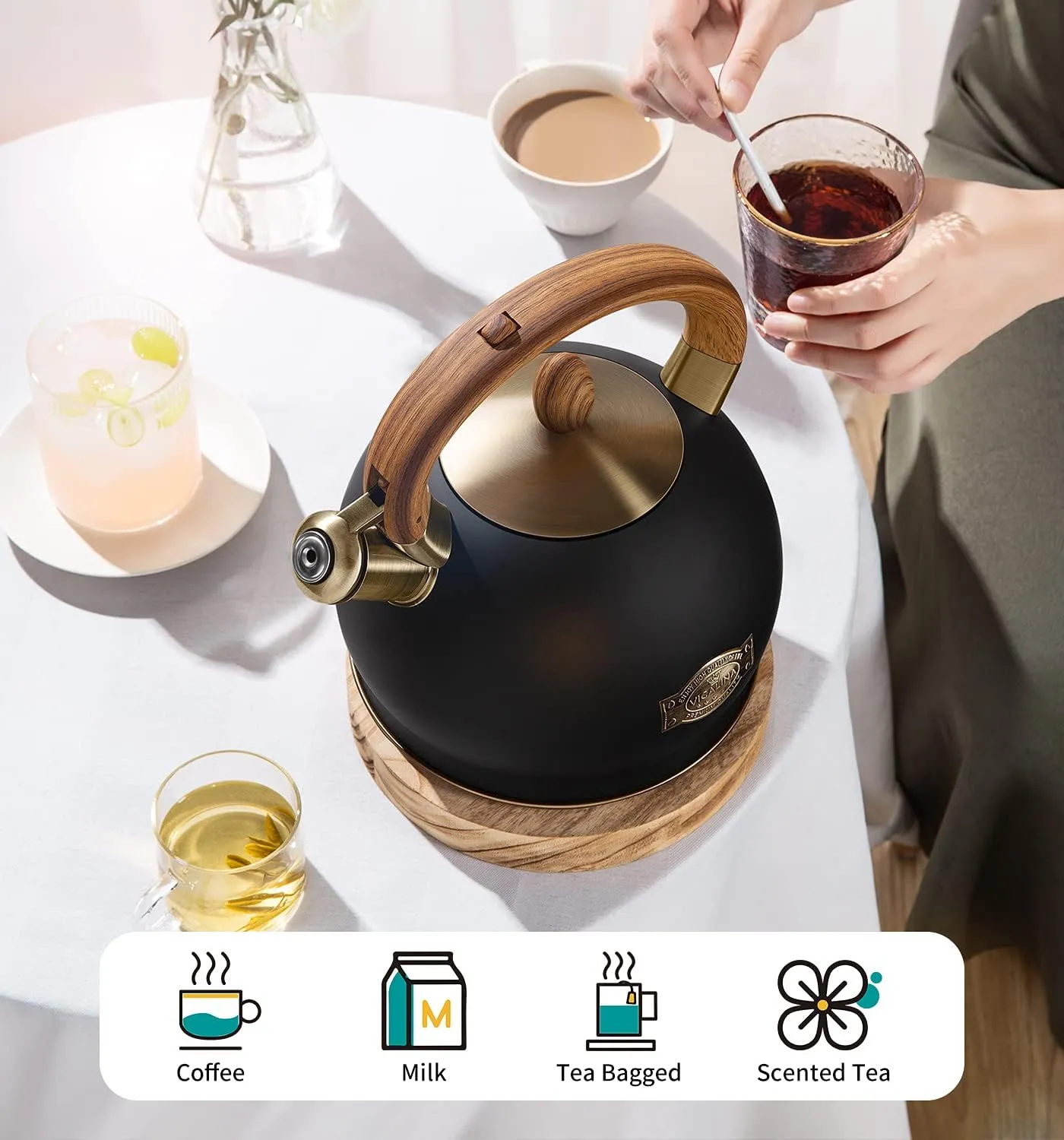 Tea Kettle & Tea Pot, 2.64 Quart Whistling Food Grade Stainless Steel Tea Kettle for Stove Top Dishwasher Safe, Home Daily Use Teapot Gifts for Households Polished Black