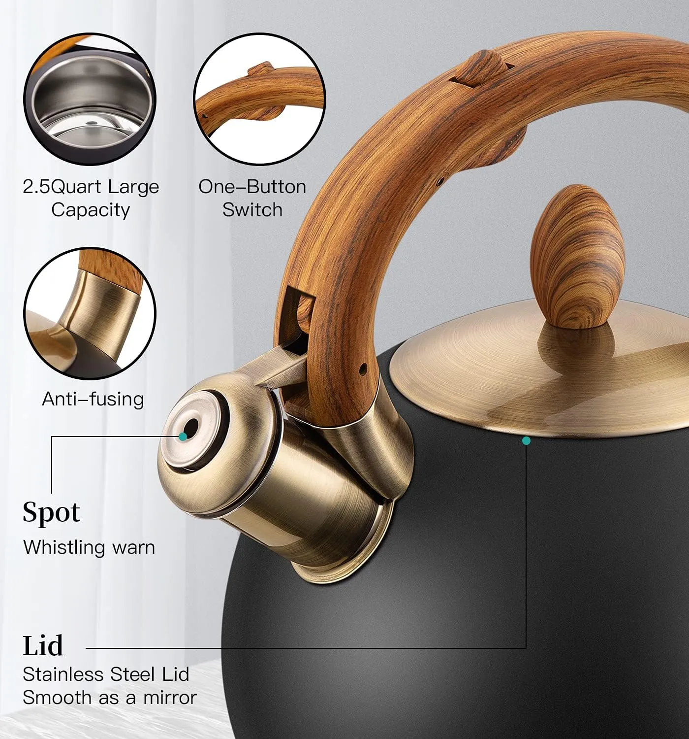 Tea Kettle & Tea Pot, 2.64 Quart Whistling Food Grade Stainless Steel Tea Kettle for Stove Top Dishwasher Safe, Home Daily Use Teapot Gifts for Households Polished Black