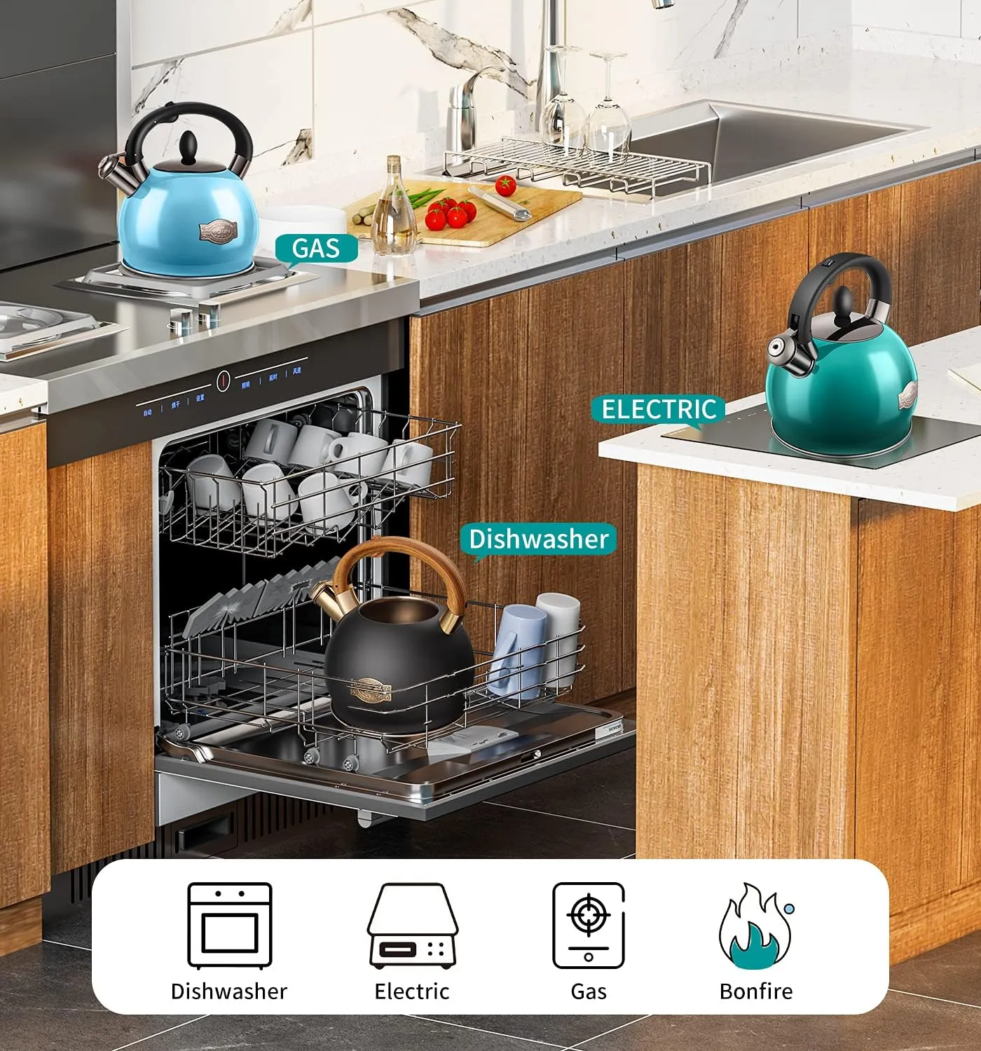 Tea Kettle & Tea Pot, 2.64 Quart Whistling Food Grade Stainless Steel Tea Kettle for Stove Top Dishwasher Safe, Home Daily Use Teapot Gifts for Households Polished Black