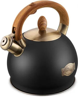 Tea Kettle & Tea Pot, 2.64 Quart Whistling Food Grade Stainless Steel Tea Kettle for Stove Top Dishwasher Safe, Home Daily Use Teapot Gifts for Households Polished Black