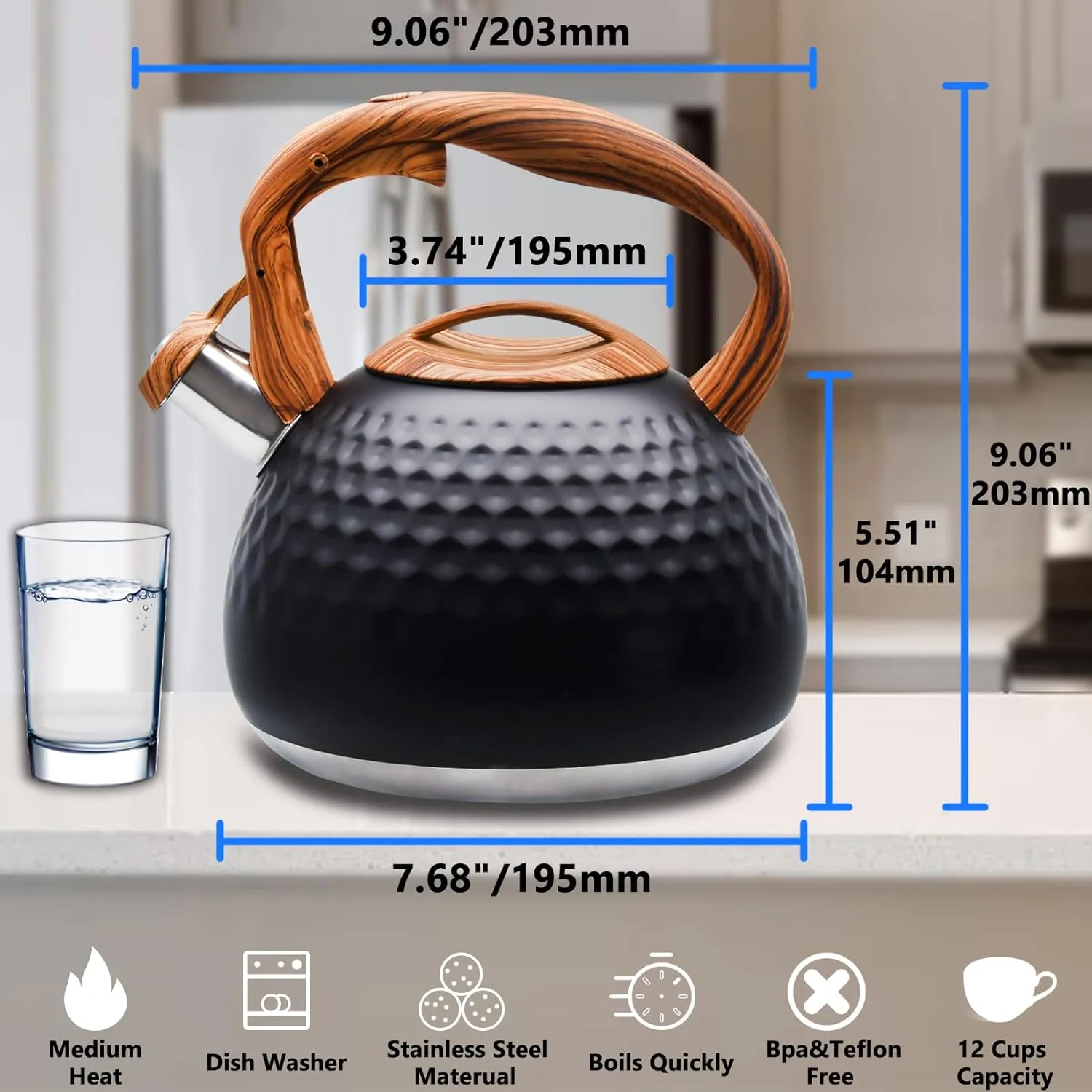 Tea Kettle Stovetop, 3.2 Qt Stainless Steel Whistling Kettle for Stove Top, Food Grade Teapot with Wood Pattern Handle for Coffee, Milk etc, Gas Electric Applicable (Black)