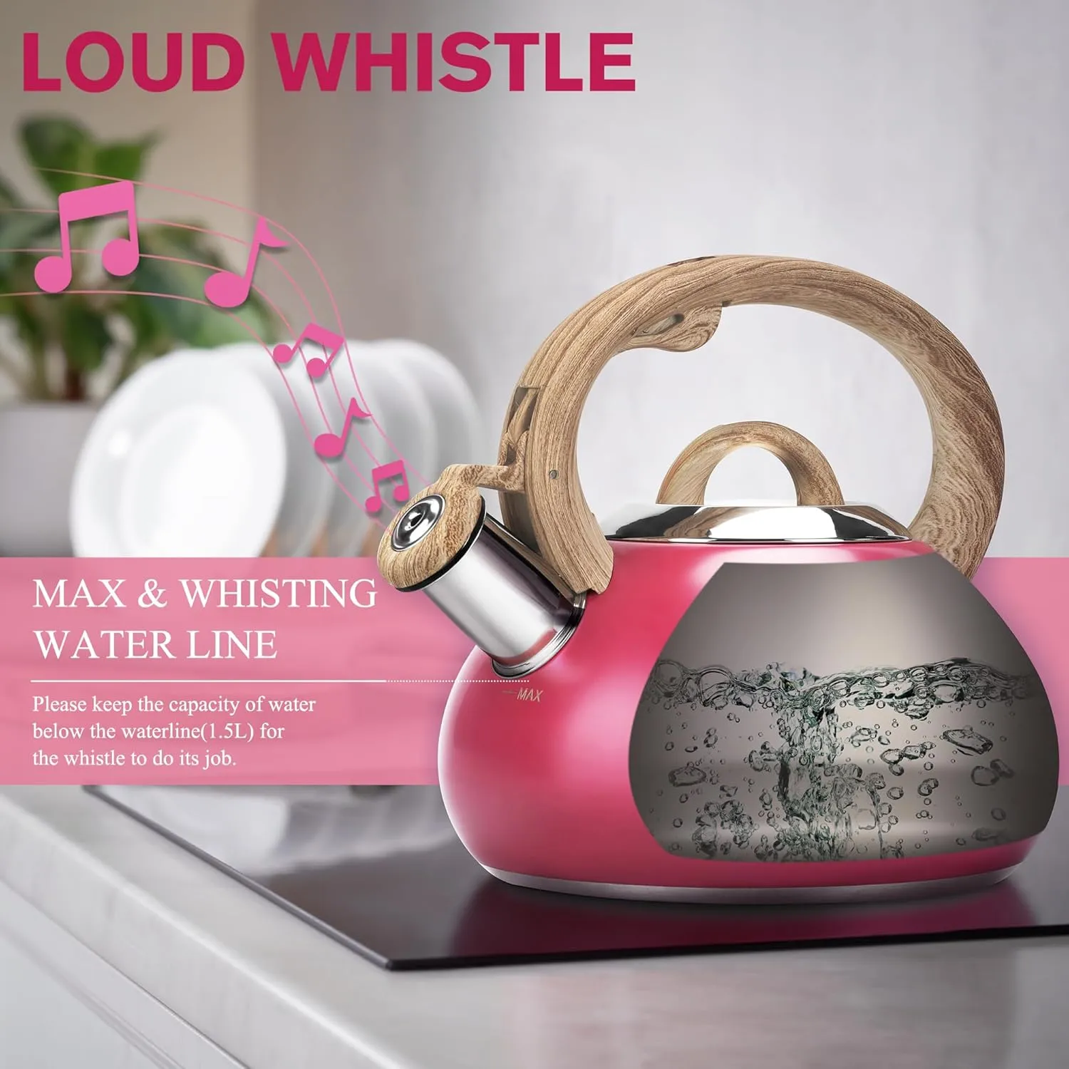 Tea Kettle Stovetop,2.0QT Loud Whistling Kettle for Boiling Water Coffee or Milk, Food Grade Stainless Steel Tea Kettles with Wood Pattern Handle and Anti-Rust,Suitable for All Heat Sources