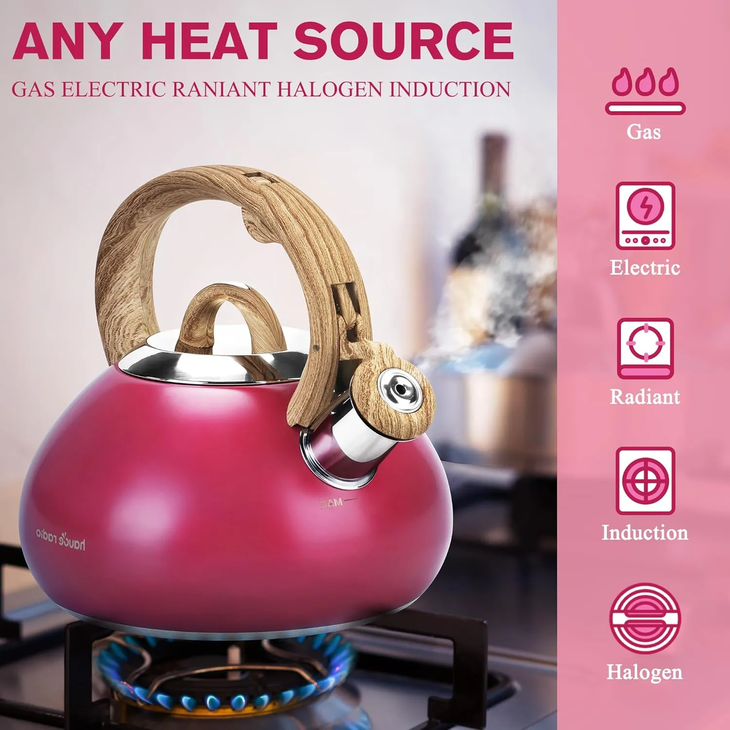 Tea Kettle Stovetop,2.0QT Loud Whistling Kettle for Boiling Water Coffee or Milk, Food Grade Stainless Steel Tea Kettles with Wood Pattern Handle and Anti-Rust,Suitable for All Heat Sources