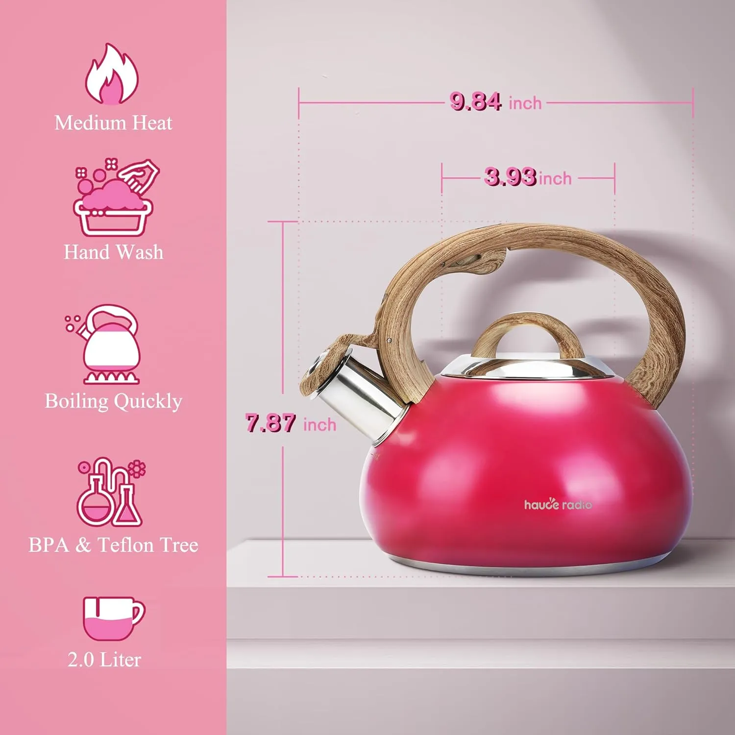 Tea Kettle Stovetop,2.0QT Loud Whistling Kettle for Boiling Water Coffee or Milk, Food Grade Stainless Steel Tea Kettles with Wood Pattern Handle and Anti-Rust,Suitable for All Heat Sources