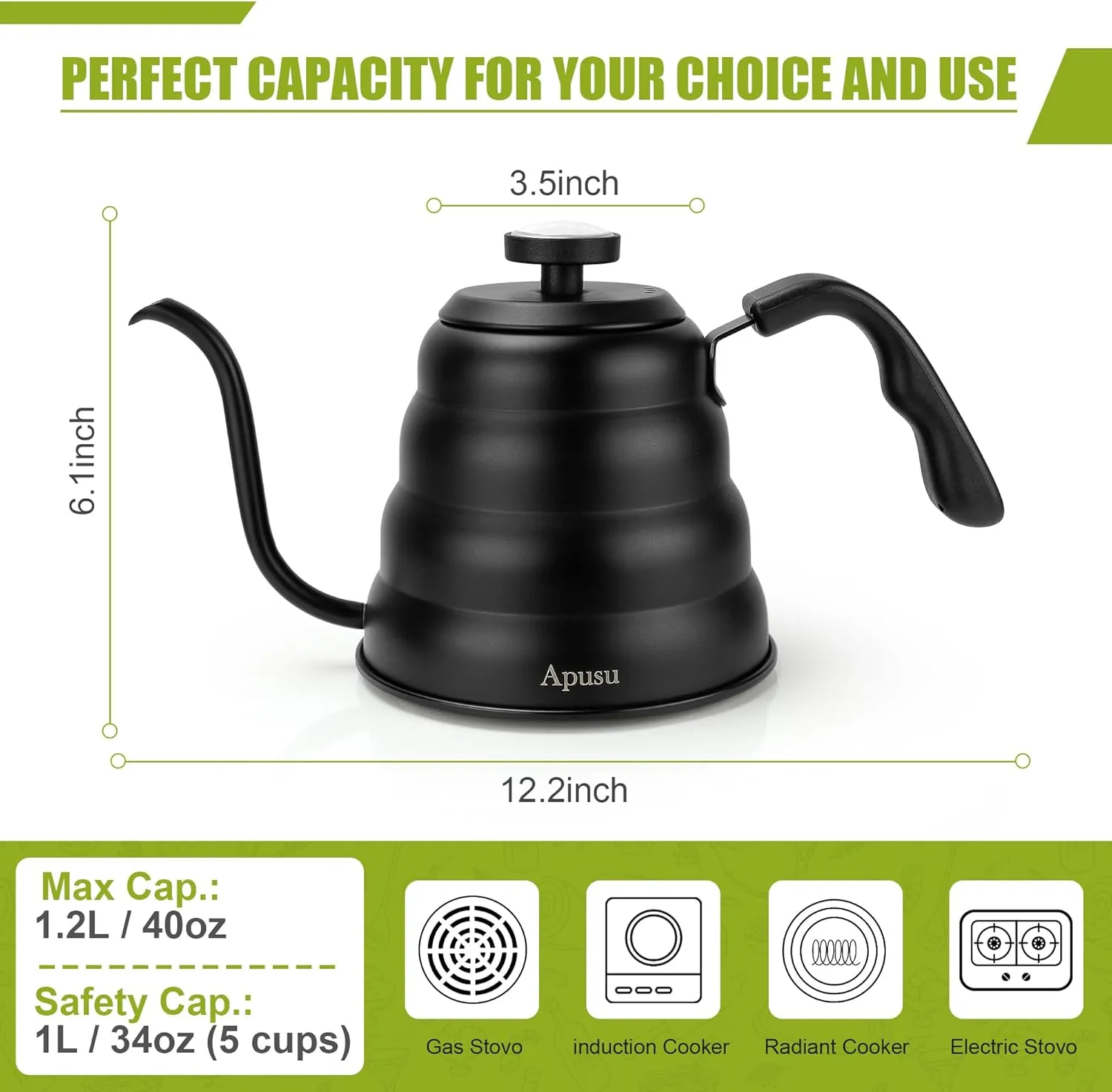 Tea Kettle with Thermometer Pot Black Stovetop Tea Kettle 40 oz 1200ml Gooseneck Kettle Teapot Pour Over Coffee Kettle with Thermometer,40oz,Black,1Pack