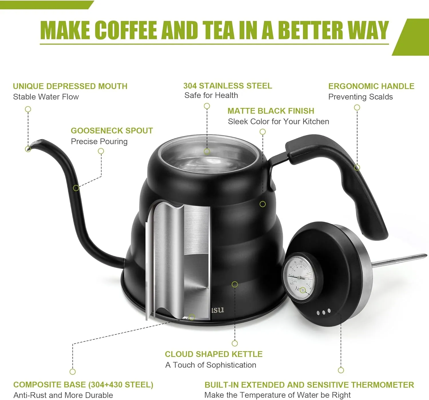 Tea Kettle with Thermometer Pot Black Stovetop Tea Kettle 40 oz 1200ml Gooseneck Kettle Teapot Pour Over Coffee Kettle with Thermometer,40oz,Black,1Pack