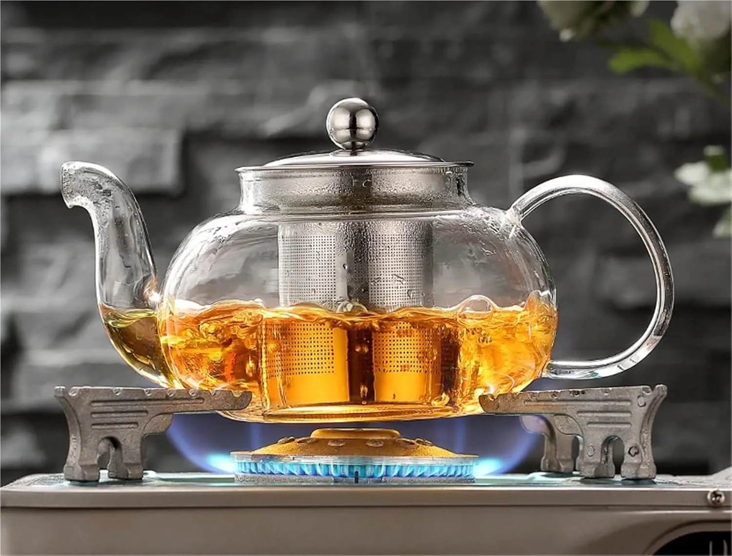 Teapot Heat Resistant Glass Pot Flower Tea Set Kettle Coffee Tea Pot Drinkware Set Stainless Steel Strainer Tea Pot For Camping, Travel(800ml)