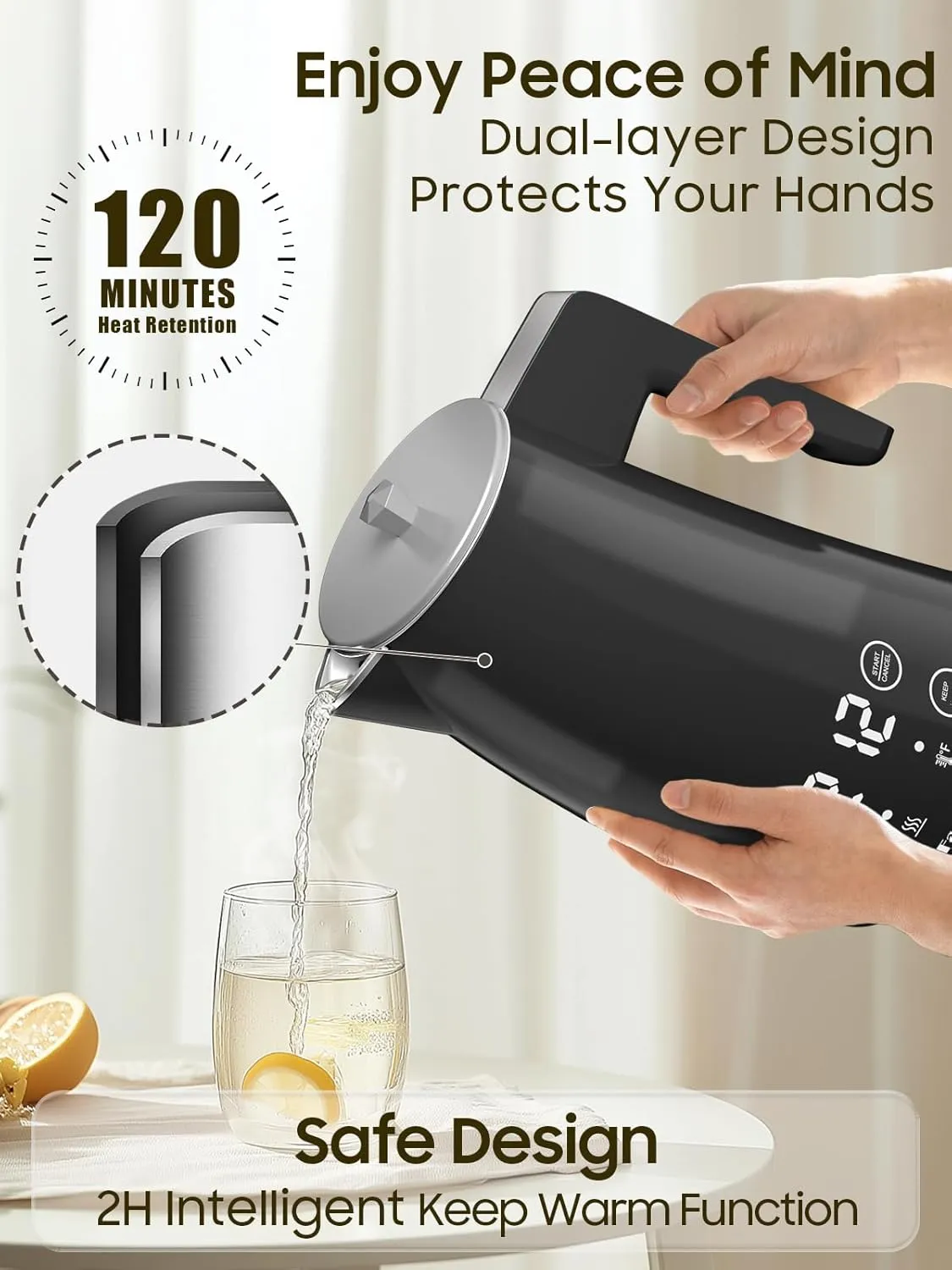 Temperature Control Electric Kettle, 5 Temp Presets, 2H Keep Warm, 1.25L 1200W Fast Boil with LED Display, Cool-Touch Design with Auto Shut-Off, Cordless Design (Gray)