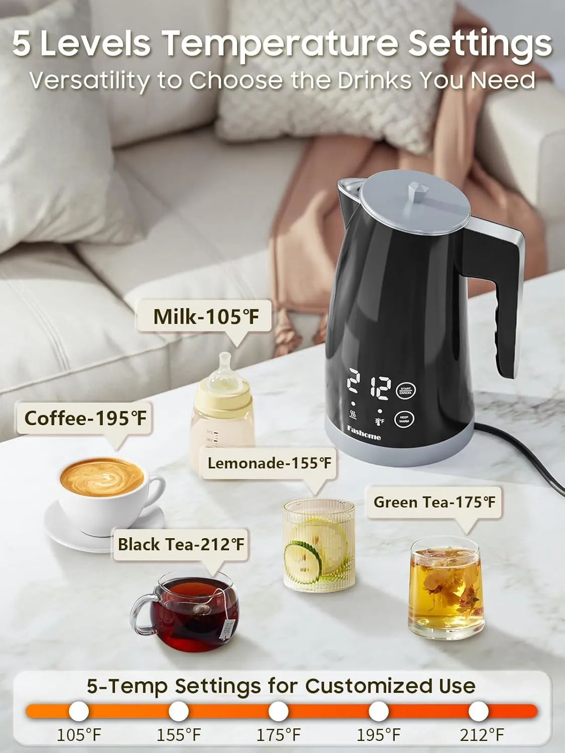 Temperature Control Electric Kettle, 5 Temp Presets, 2H Keep Warm, 1.25L 1200W Fast Boil with LED Display, Cool-Touch Design with Auto Shut-Off, Cordless Design (Gray)