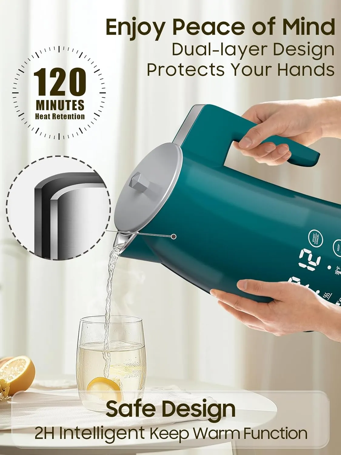 Temperature Control Electric Kettle, 5 Temp Presets, 2H Keep Warm, 1.25L 1200W Fast Boil with LED Display, Cool-Touch Design with Auto Shut-Off, Cordless Design, Ideal for Tea and Coffee（Green）