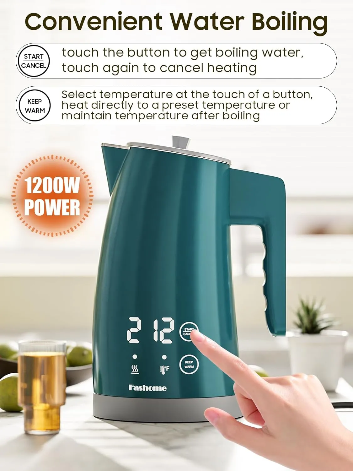 Temperature Control Electric Kettle, 5 Temp Presets, 2H Keep Warm, 1.25L 1200W Fast Boil with LED Display, Cool-Touch Design with Auto Shut-Off, Cordless Design, Ideal for Tea and Coffee（Green）